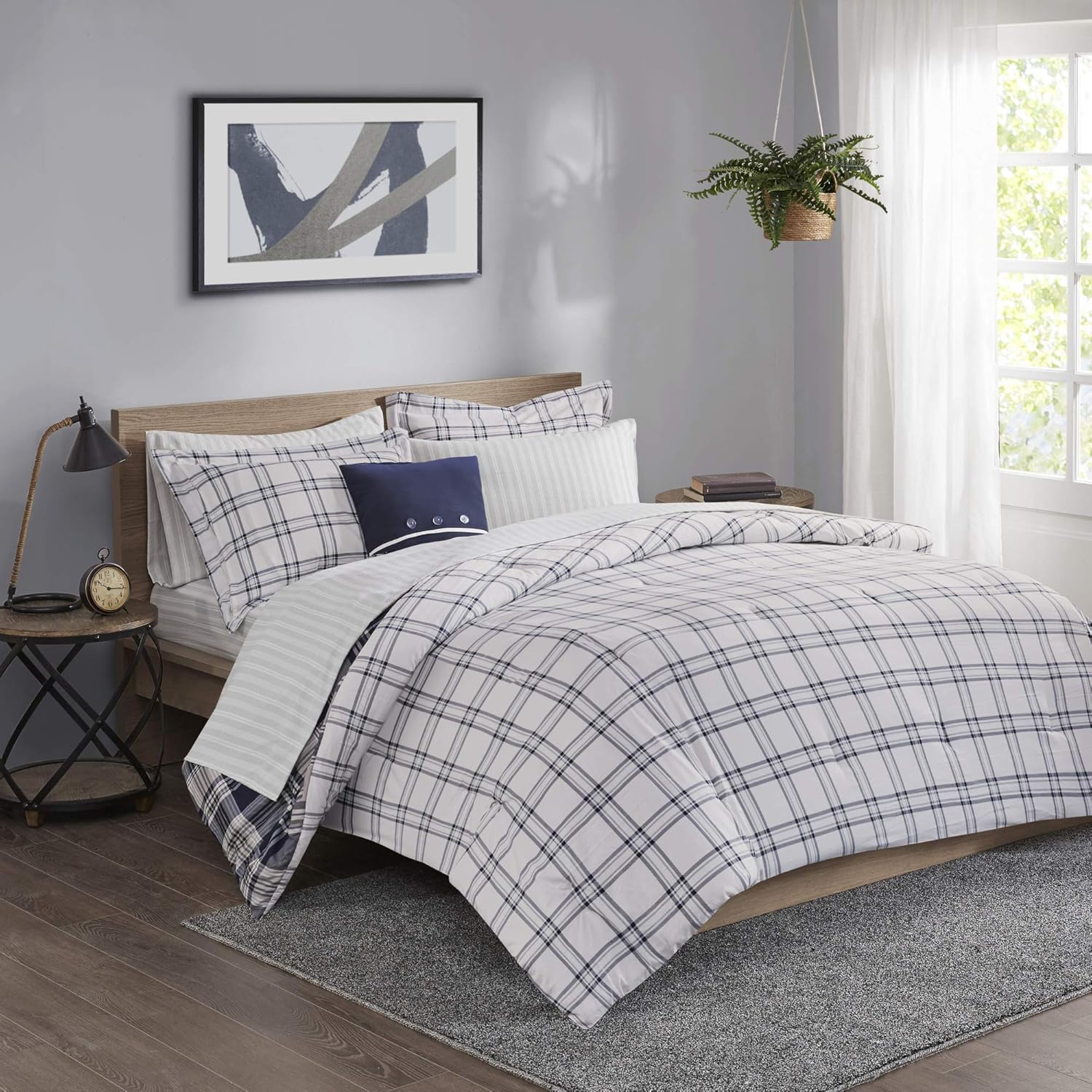 Madison Park Essentials Cozy Bed in A Bag – Edredón reversible con juego de sábanas completo, diseño casual de cabaña a cuadros, funda para todas