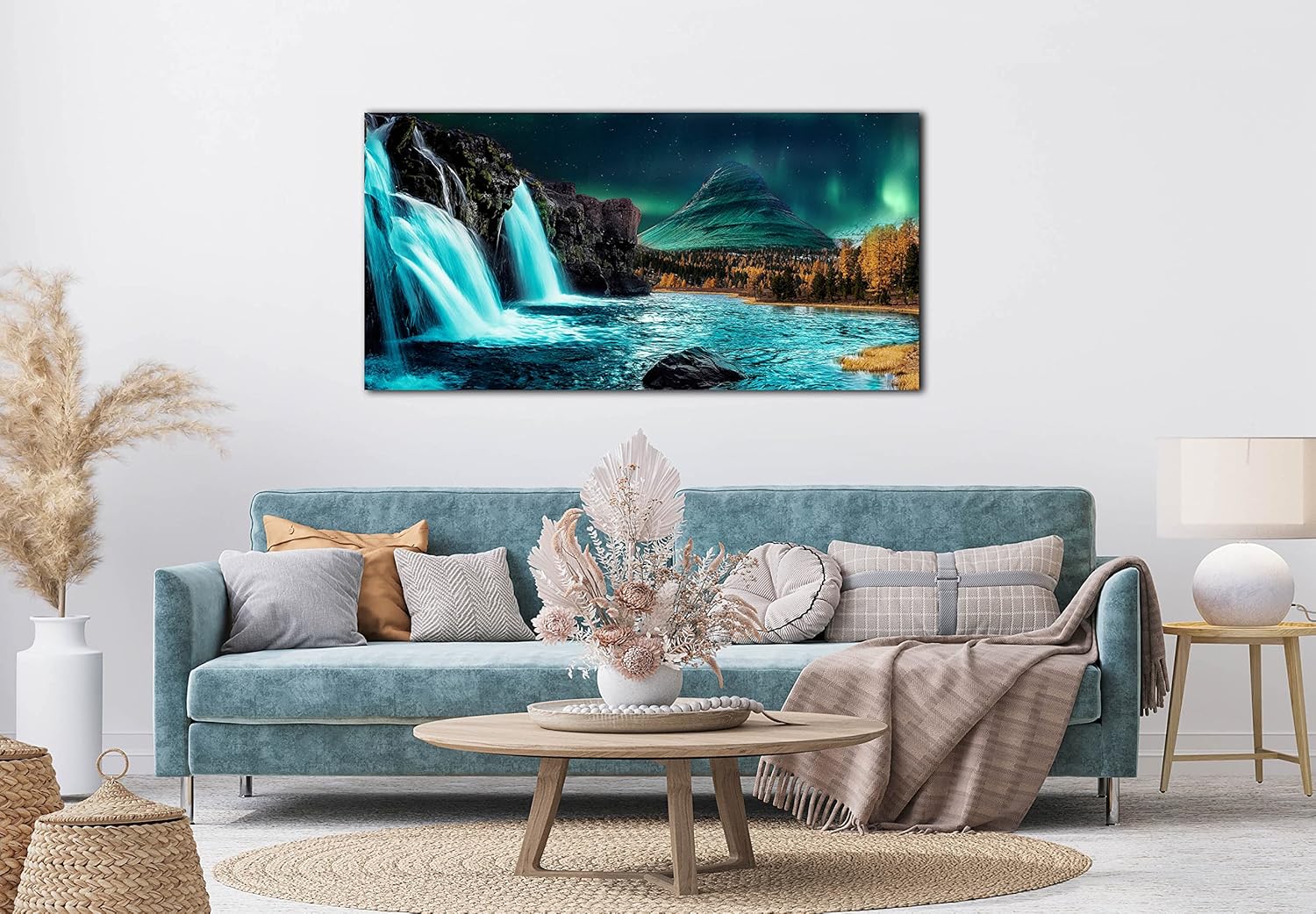 THRLVEART Lienzo decorativo de pared en cascada grande  Decoración de sala de estar verde azulado  Luces del norte, arte de pared moderno para el