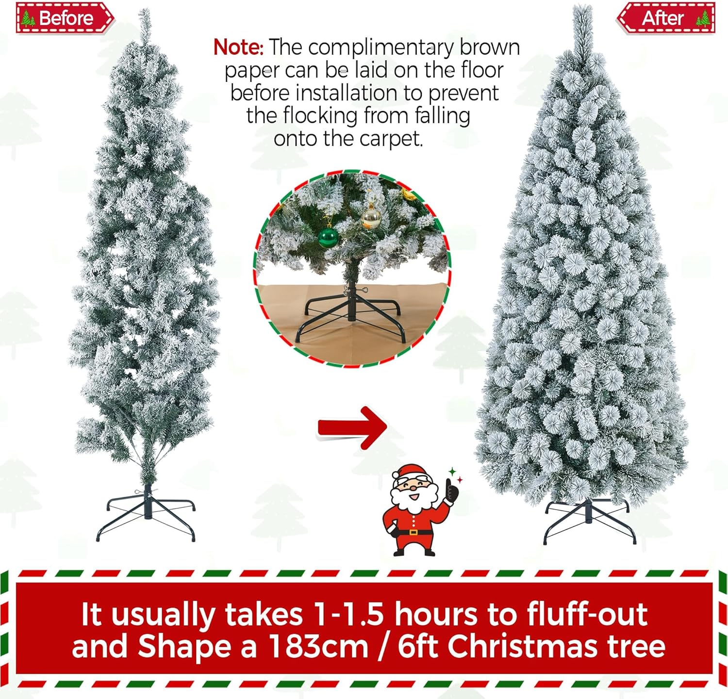 Yaheetech Árbol de Navidad flocado de nieve preiluminado de 6 pies, pino artificial con bisagras de alta calidad con 250 luces LED coloridas y 564