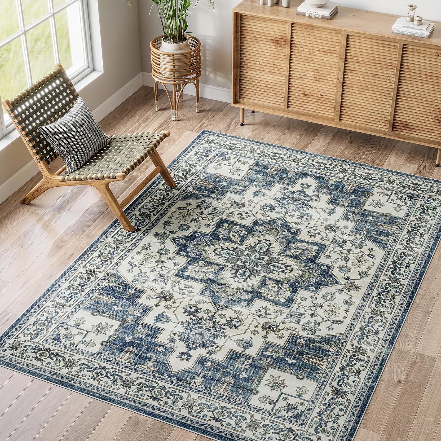 Dripex Alfombra vintage lavable de 5 x 8 pies, estilo bohemio, envejecida, para sala de estar, dormitorio, medallón oriental con estampado floral,