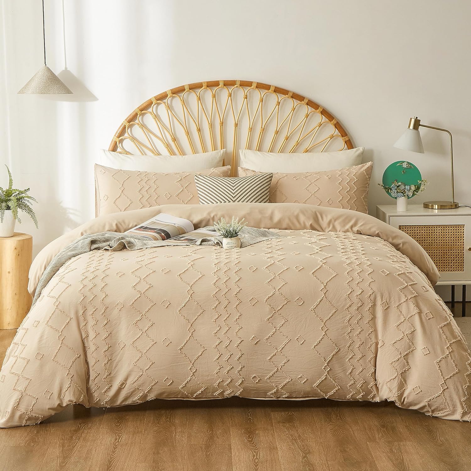 Senville Funda de edredón tamaño King, funda de edredón caqui copetuda con patrón geométrico de rombos jacquard, juego de ropa de cama de 3 piezas