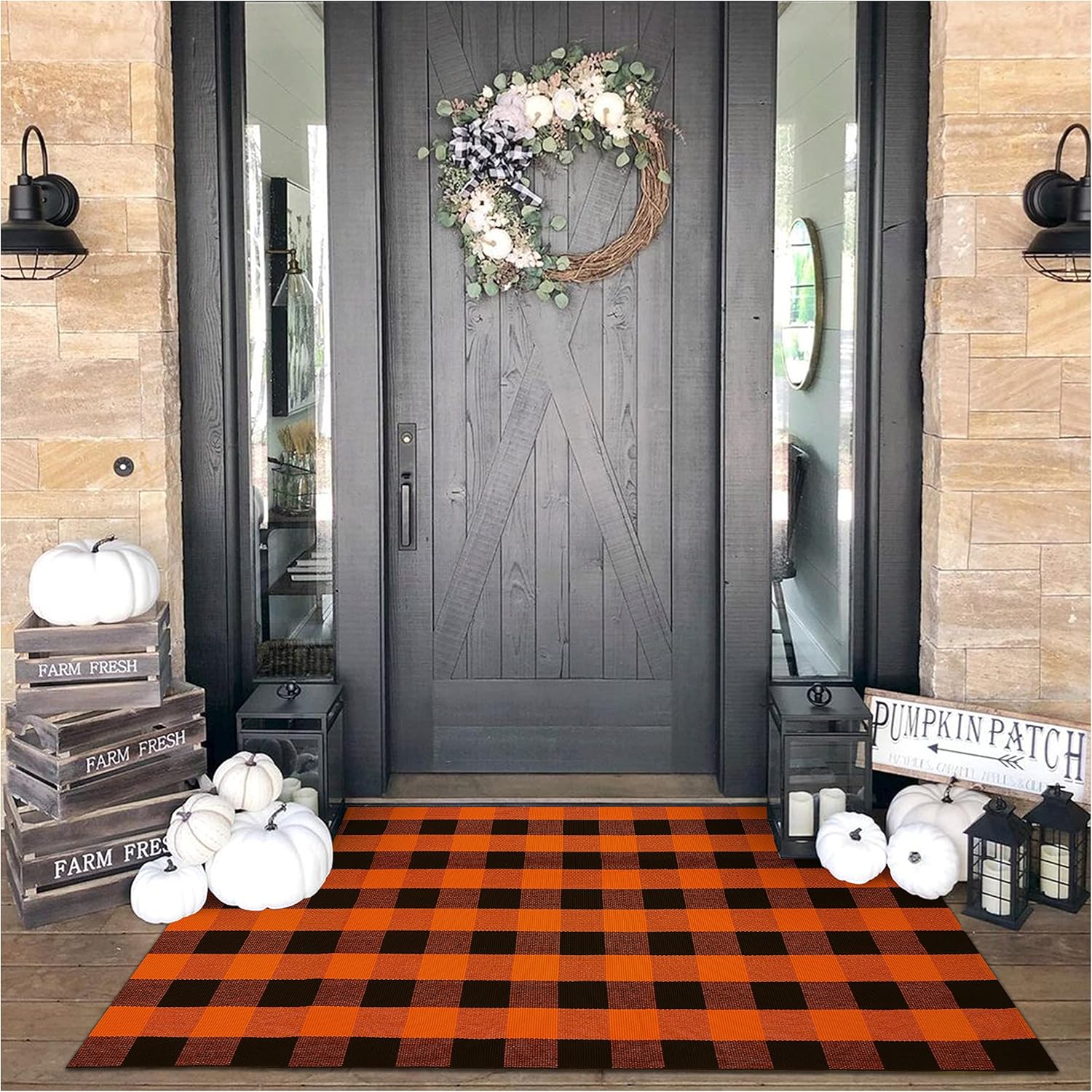 KOZYFLY Alfombra de lana cuadriculada de 4 x 6 pies, color naranja y negro, alfombra lavable de algodón tejida a mano para puerta de Halloween, para