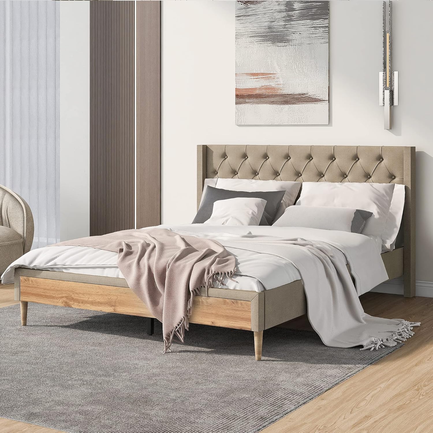 Base de cama tamaño Queen, plataforma tapizada de tela de lino con cabecero y patas de madera de goma, no necesita somier, para niños, adolescentes,