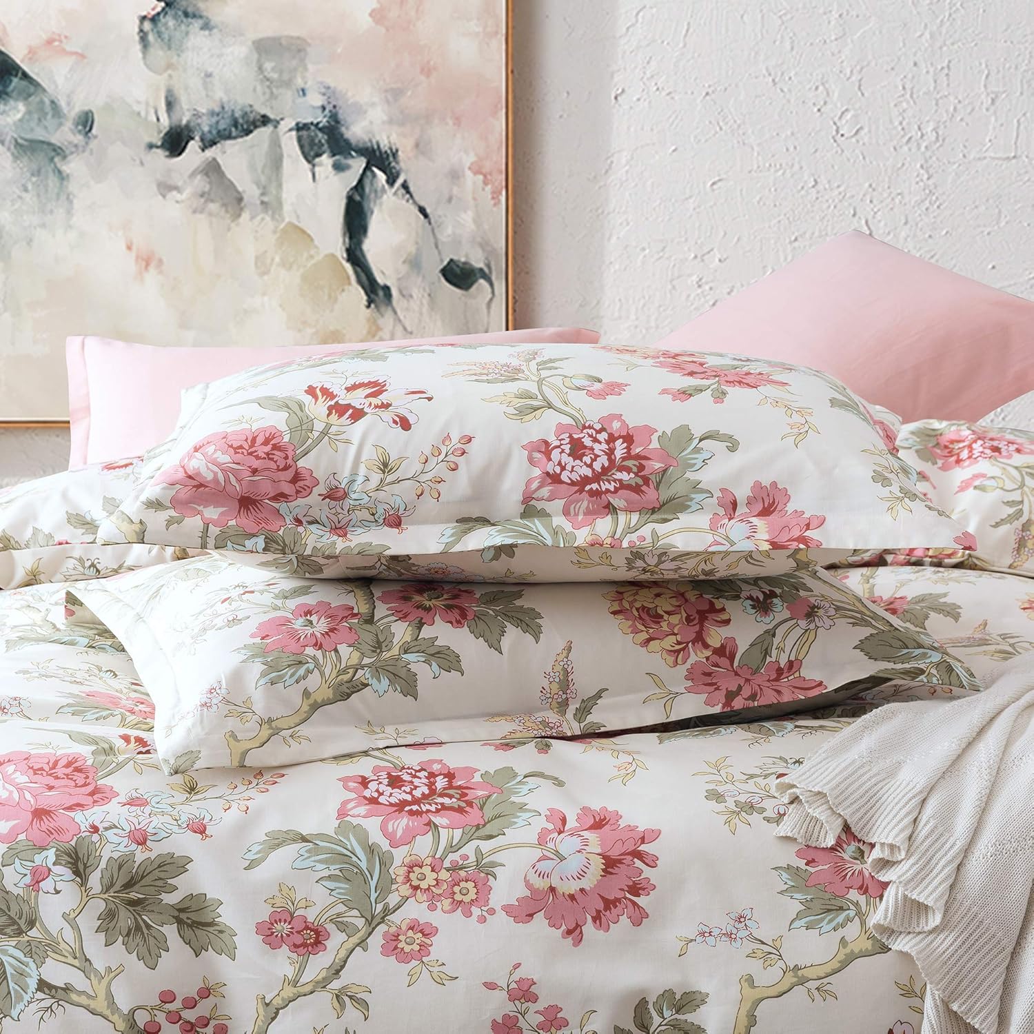 Juego de cama estilo asiático. Funda de edredón floreada de algodón, de árbol de peonía, diseño multicolor.