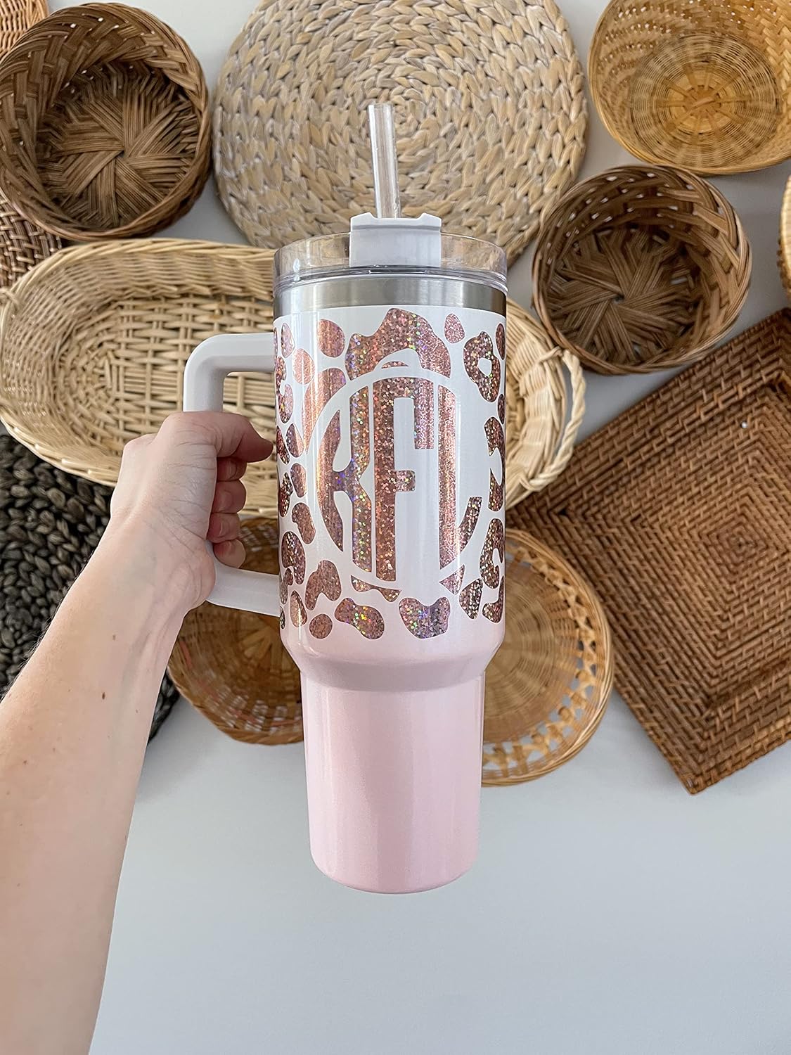 40oz Monogram Cheetah Animal Print Stanley Adventure Quencher Leopard Wrap, boho stylish tumbler, boho decor with monogram initial (blue)