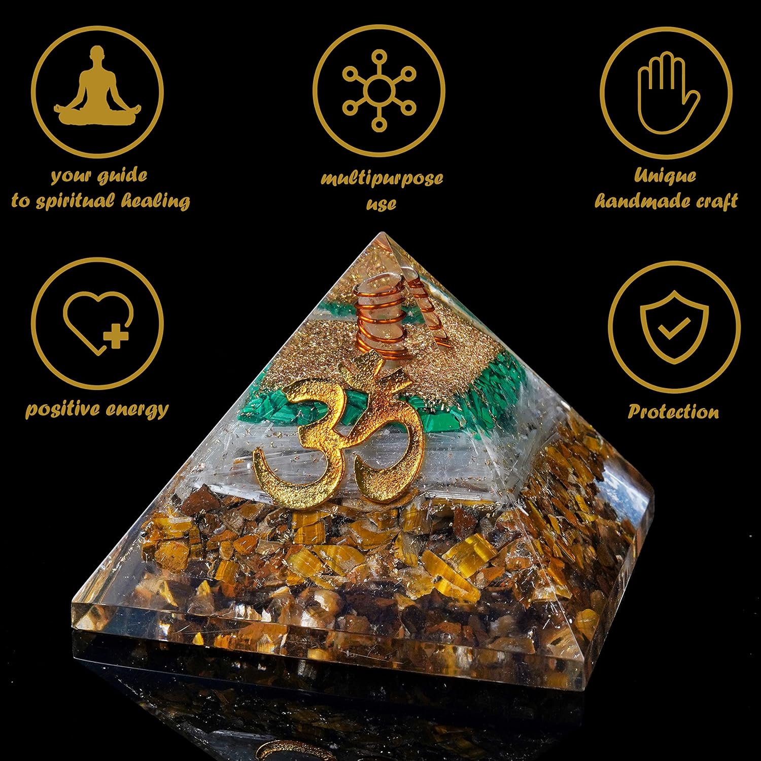 Pirámide de orgón de 2.165 in, ojo de tigre, selenita y malaquita verde, cristales de protección de reiki, pirámide de organito para regalo de buena