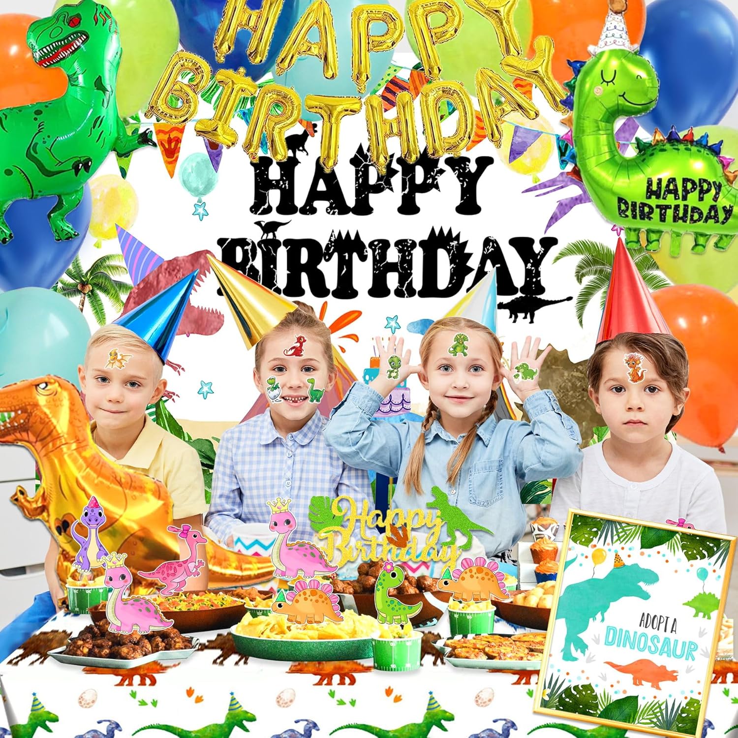115 piezas de decoración de fiesta de cumpleaños de dinosaurio para niños, decoración de pastel de dinosaurio, kit de globos de dinosaurio,