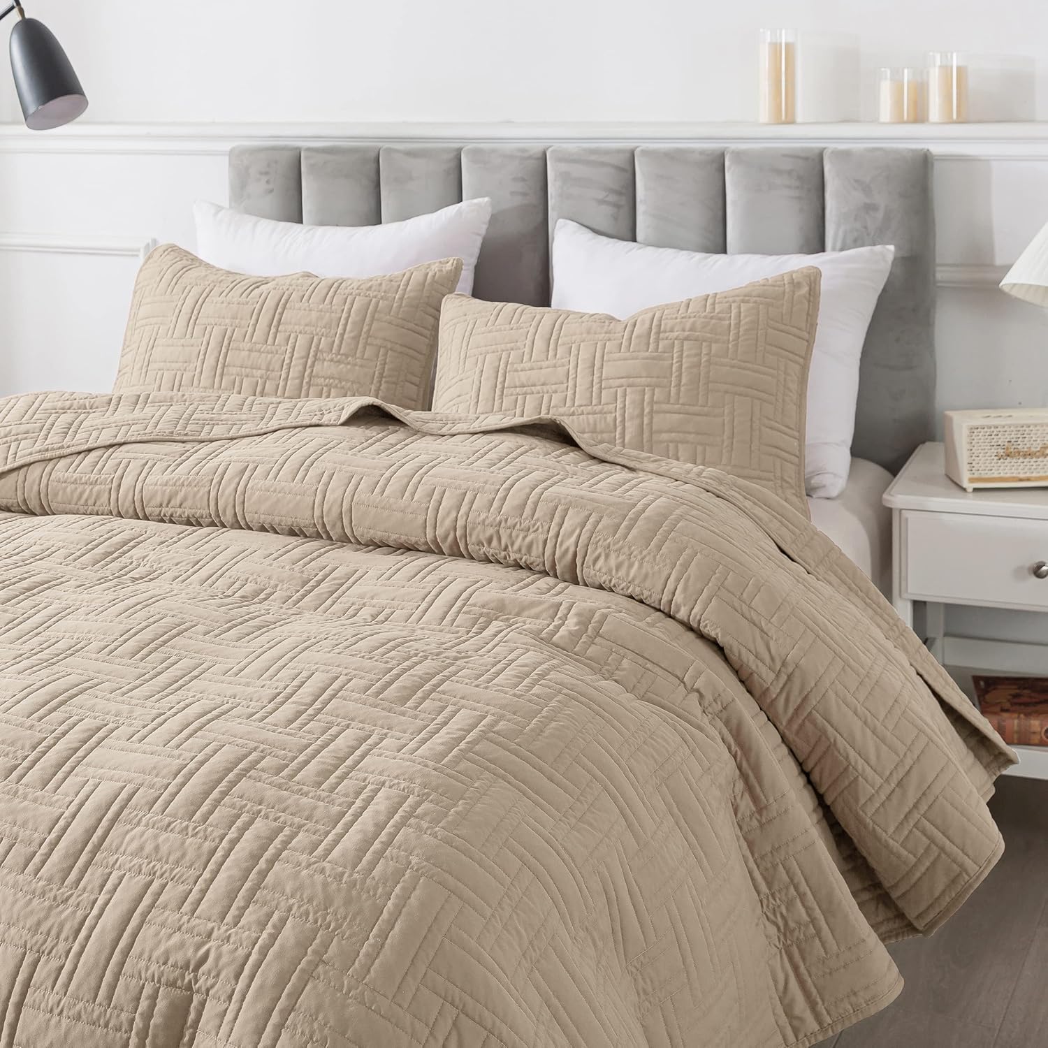 Juego de ropa de cama beige tamaño Queen con fundas de almohada, colcha ligera y suave, manta acolchada de tejido de canasta, funda de cama fina