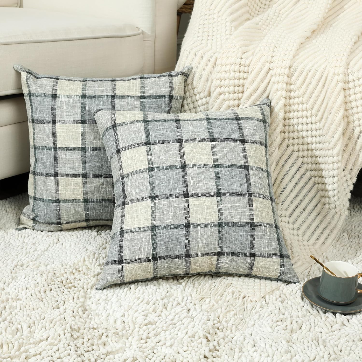 Stellhome Paquete de 2 fundas de almohada de lino a cuadros de búfalo, fundas de cojín decorativas para sofá, sala de estar, 18 x 18 pulgadas, gris