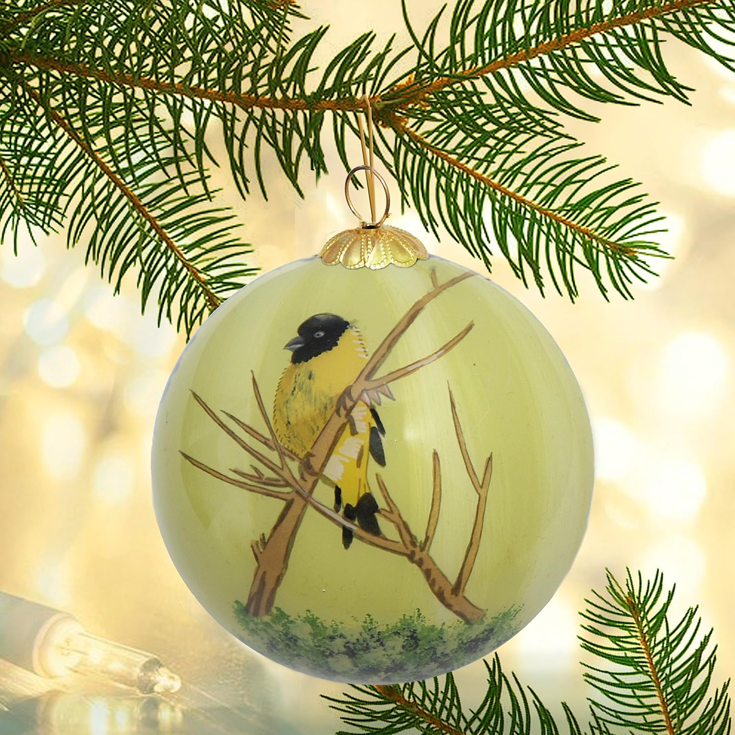 Adorno navideño de cristal pintado a mano – Pinzón amarillo