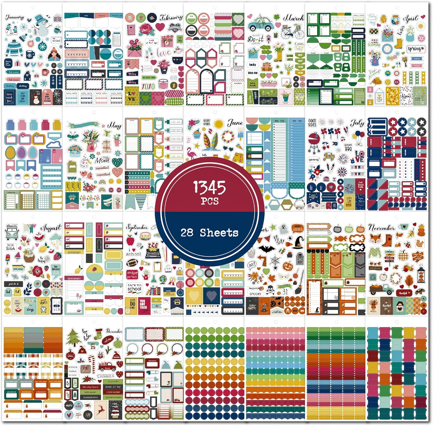 Calcomanías para planificación, 28 hojas, 1345 calcomanías para decoración de calendario, planificación, álbumes de recortes, vacaciones, temporada