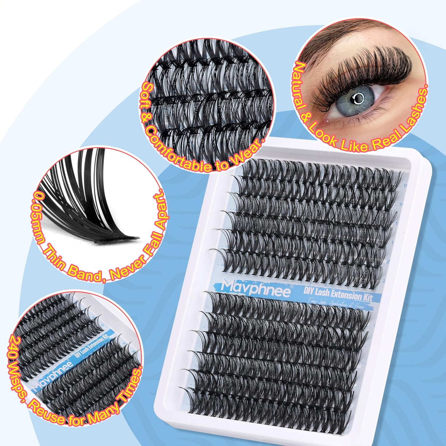 Mavphnee – 240 extensiones de pestañas individuales de 0.63 a 0.78 pulgadas, dramáticas, largas, esponjosas, rizadas en D, paquete de 240