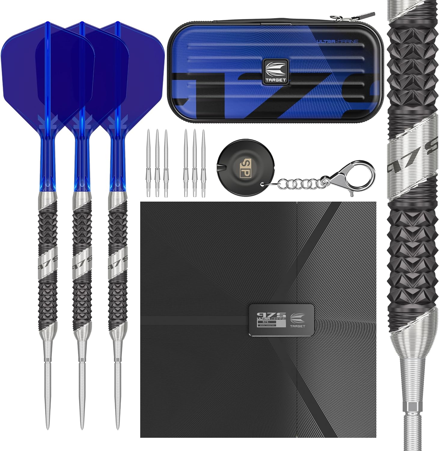 TARGET Darts 975 Ultra Marine 97.5% Tungsten Steel Tip Darts Set – Swiss Point Darts with K-Flex Integrated Flight and Shaft  Includes Dart Takoma
