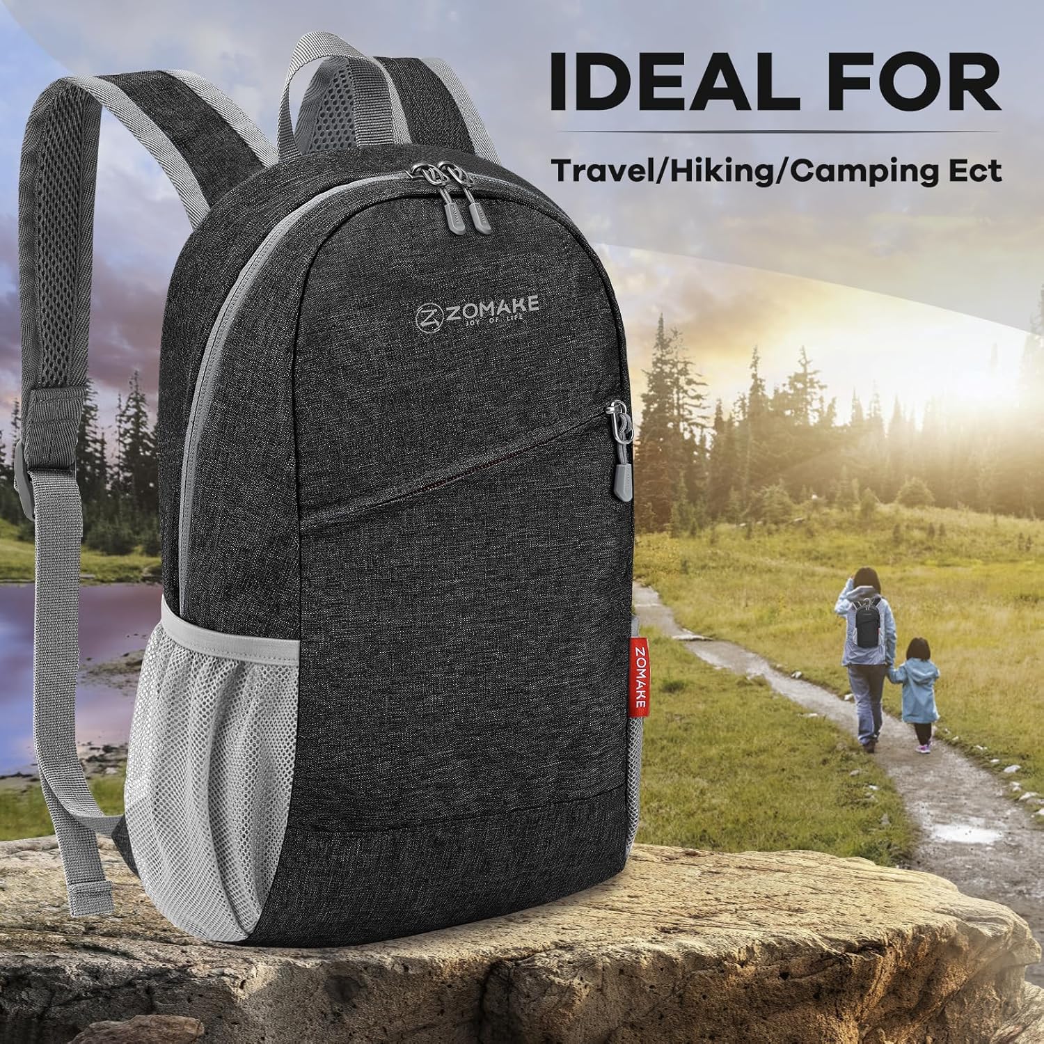 ZOMAKE Mochila de senderismo pequeña de 10 litros para mujeres y hombres, mochila de senderismo ligera y plegable, paquete de día de viaje, Negro -,