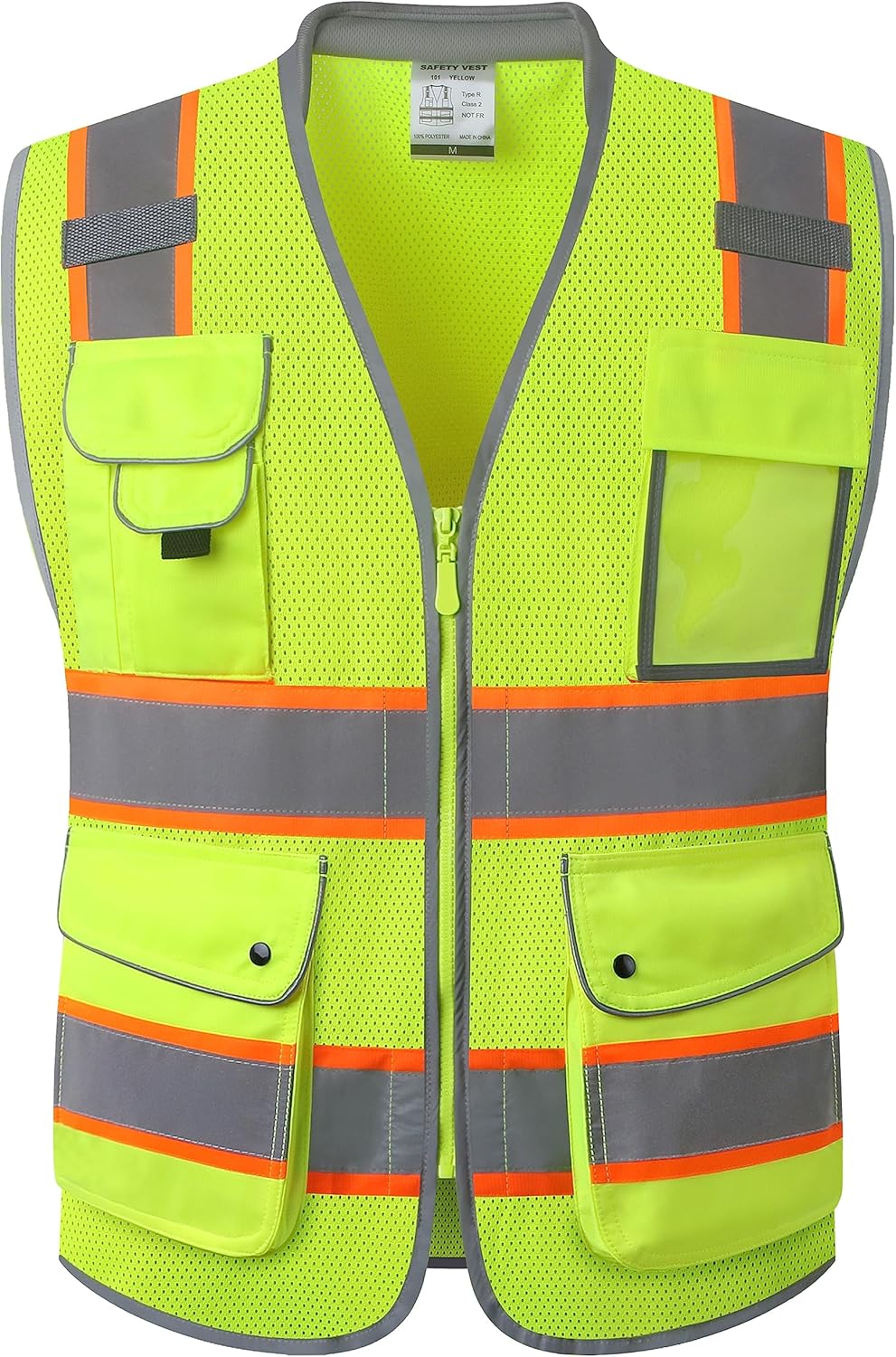 JKSafety Chaleco de seguridad de alta visibilidad con 9 bolsillos, tela de malla transpirable, cuello acolchado, utilidad de trabajo, equipo de