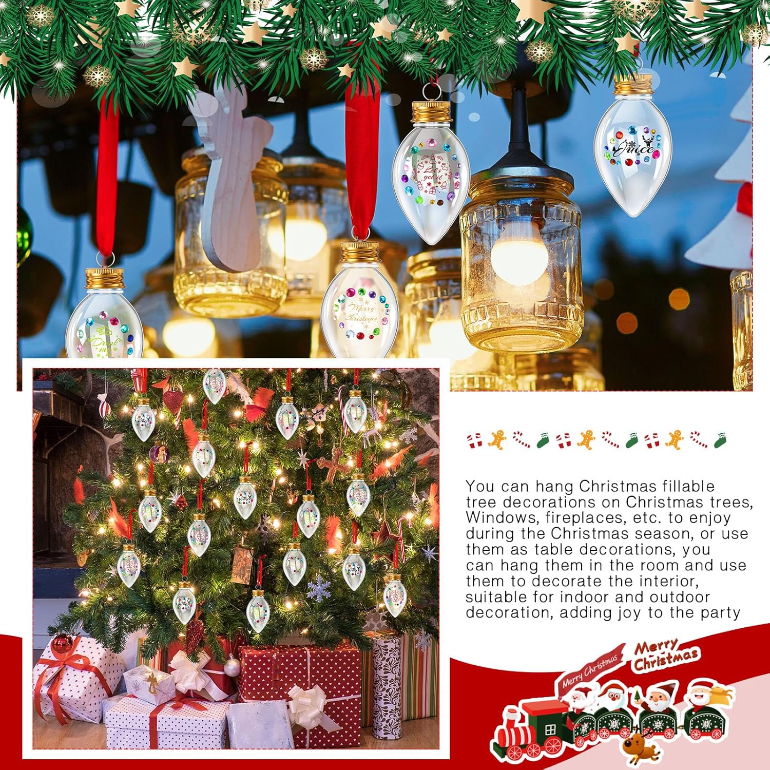 Suttmin 24 bolas de alcohol de Navidad, bolas de plástico transparente para adornos, adorno colgante para árbol con calcomanías de diamantes de