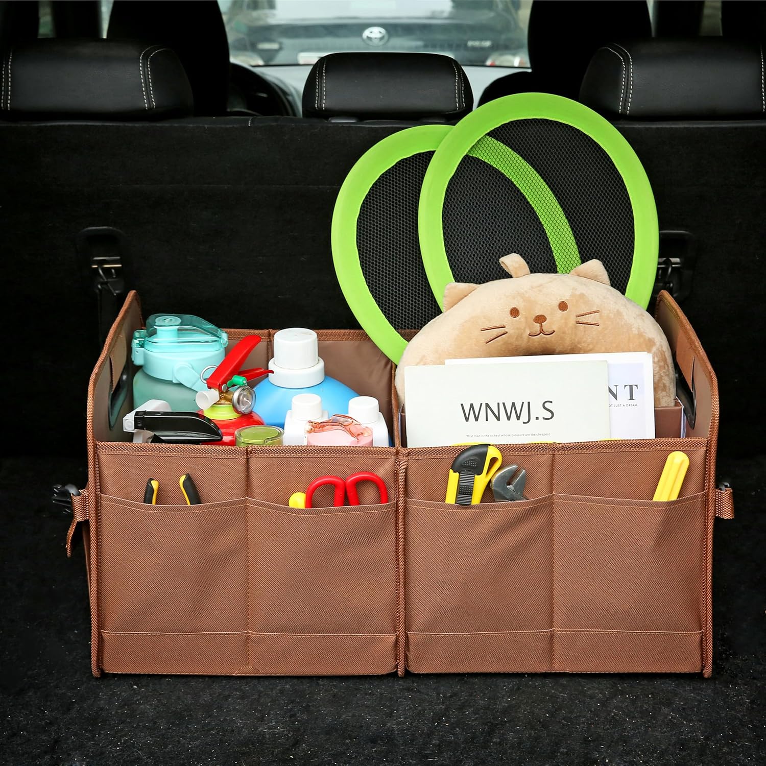 AOKJOY Organizador de maletero de coche, marrón, plegable, antideslizante, ajustable, múltiples compartimentos, material de tela Oxford 600D