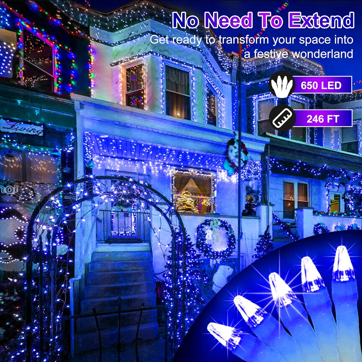 650 luces LED de Navidad de 246 pies para exteriores, 8 modos de iluminación, cadena de luces de hadas, luces impermeables para árbol de Navidad con