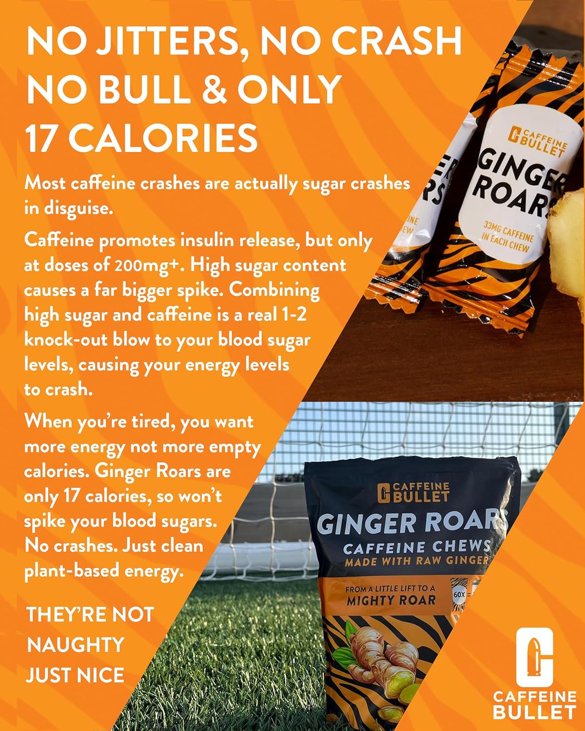 Ginger Roars – Masticables con cafeína y jengibre, 36 caramelos de cafeína cada uno de 33 mg de cafeína con un delicioso sabor natural de miel y