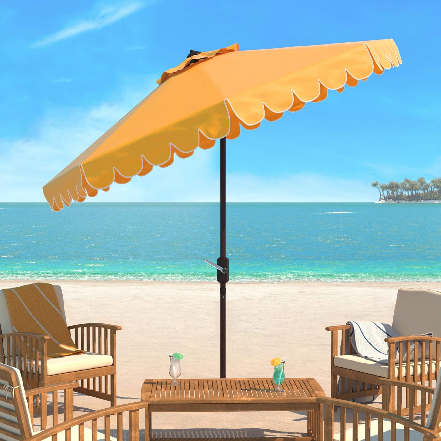 SAFAVIEH PAT8010A Collection Venice Navy and White Single Scallop 9Ft Crank Outdoor Push Button Tilt Umbrella