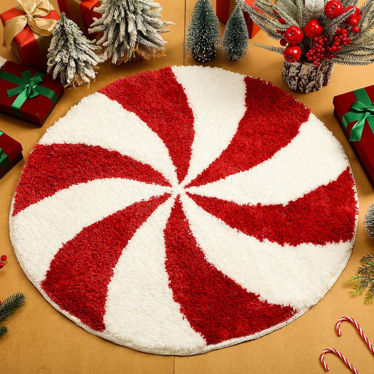 Alfombras de baño de Navidad de 25 pulgadas, lavables, redondas, para invierno, color rojo y blanco, tapete de baño de caramelo, antideslizante,