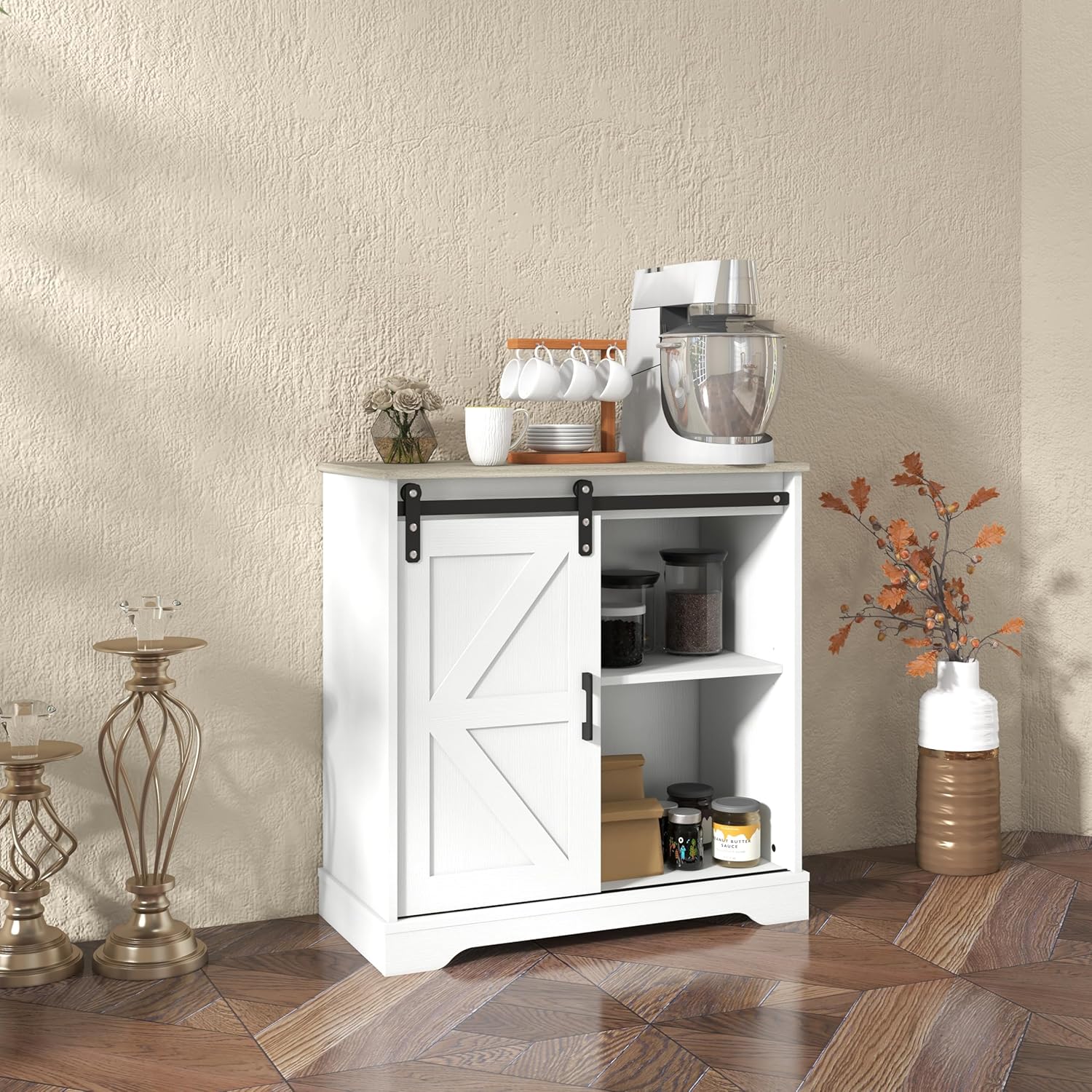Panana Aparador con puerta corrediza de granero, aparador de buffet, gabinete de almacenamiento, cafetería, cocina, estilo granja (gabinete blanco