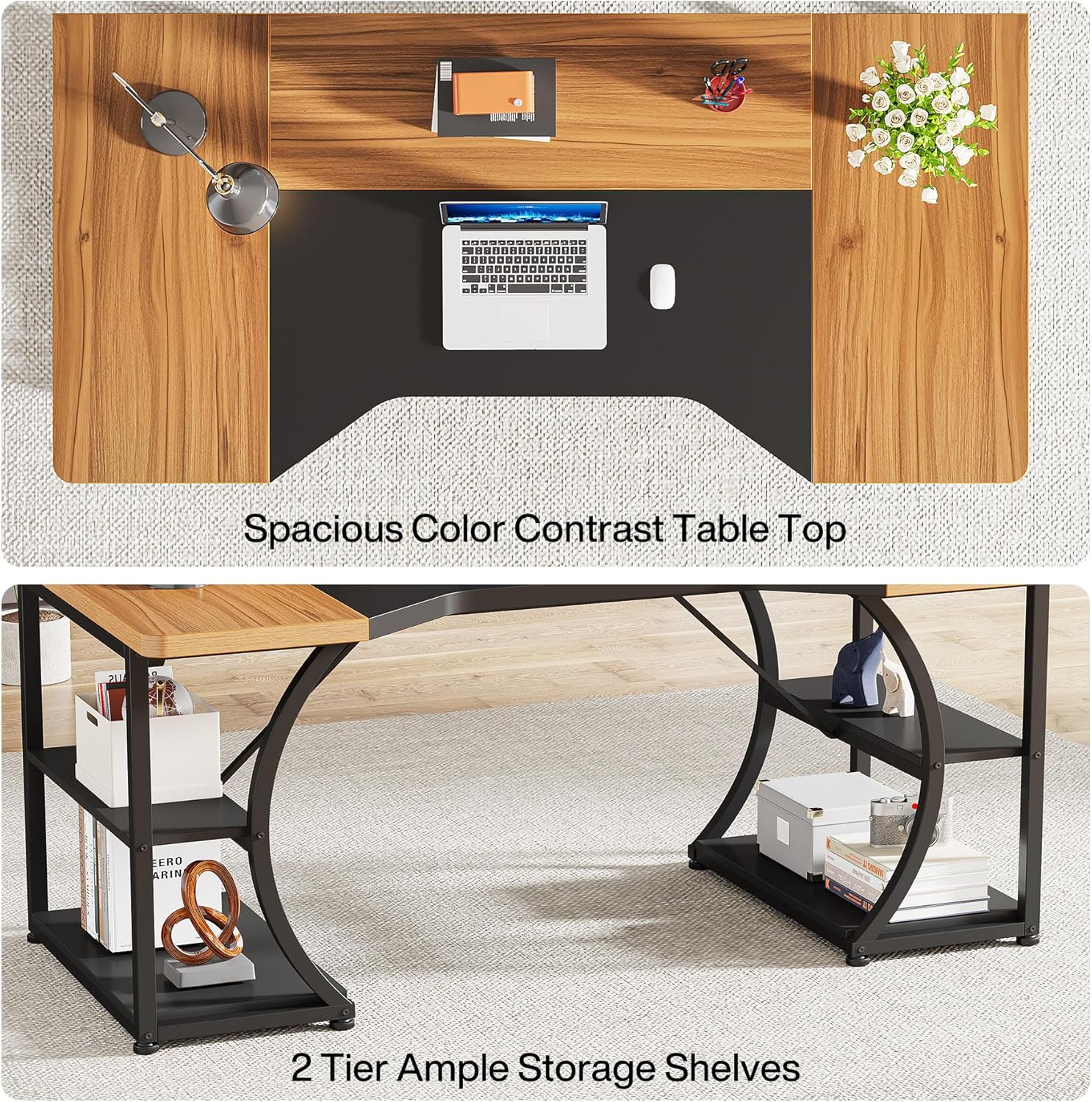 Tribesigns Escritorios de oficina en casa de 63 pulgadas con estantes de almacenamiento y borde curvado ergonómico, mesa de computadora de oficina