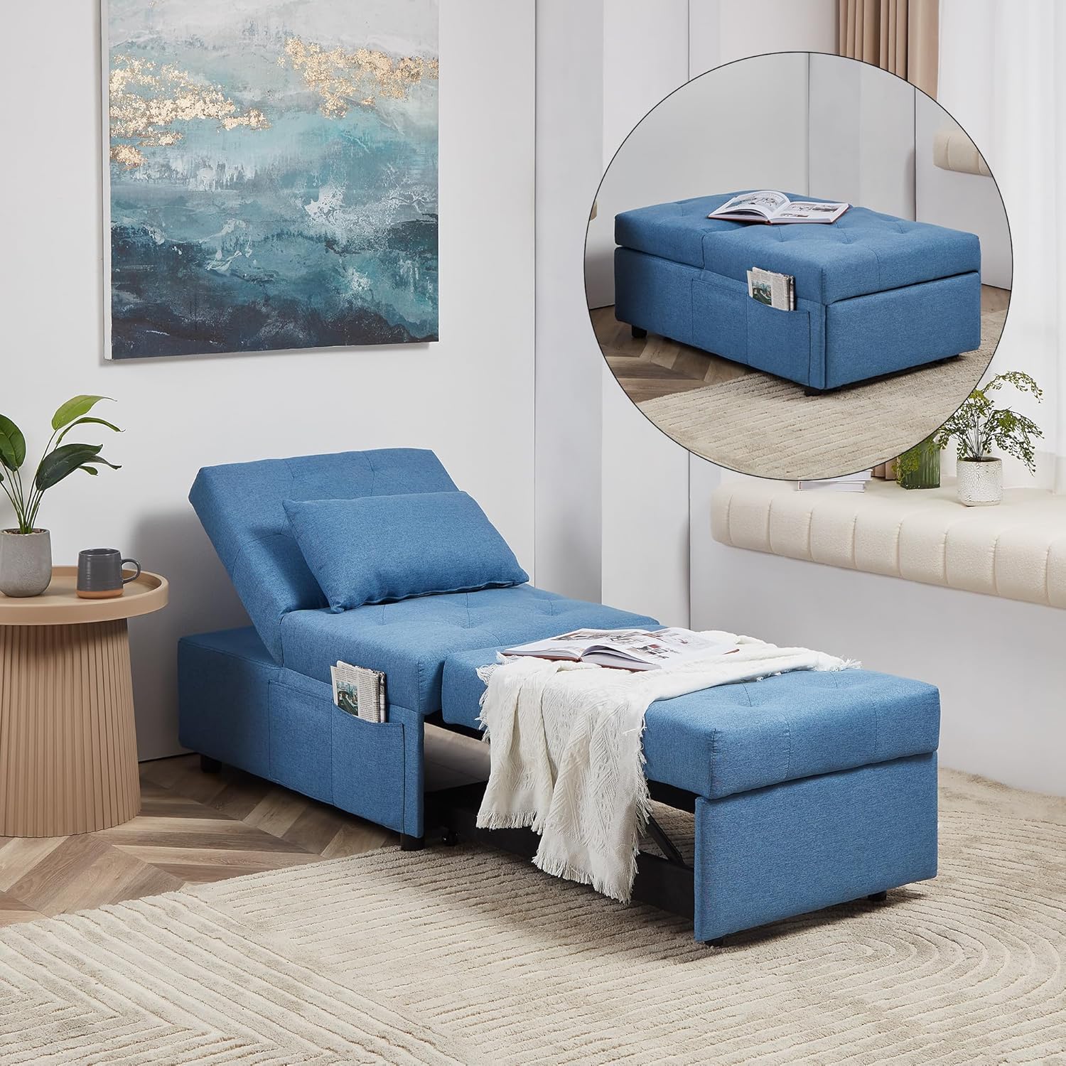 Cozy Castle Cama de silla, silla de cama extraíble, cama otomana 3 en 1, futón convertible, tumbona de lino duradero, sofá cama para sala de estar,