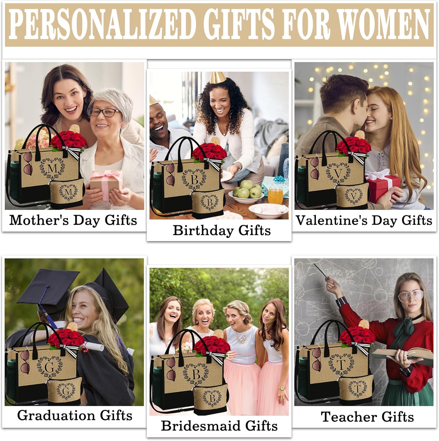 Bolsa de yute con inicial y bolsa de maquillaje, bolsa de mano con monograma bordado con correa, regalos de cumpleaños personalizados para mujeres,