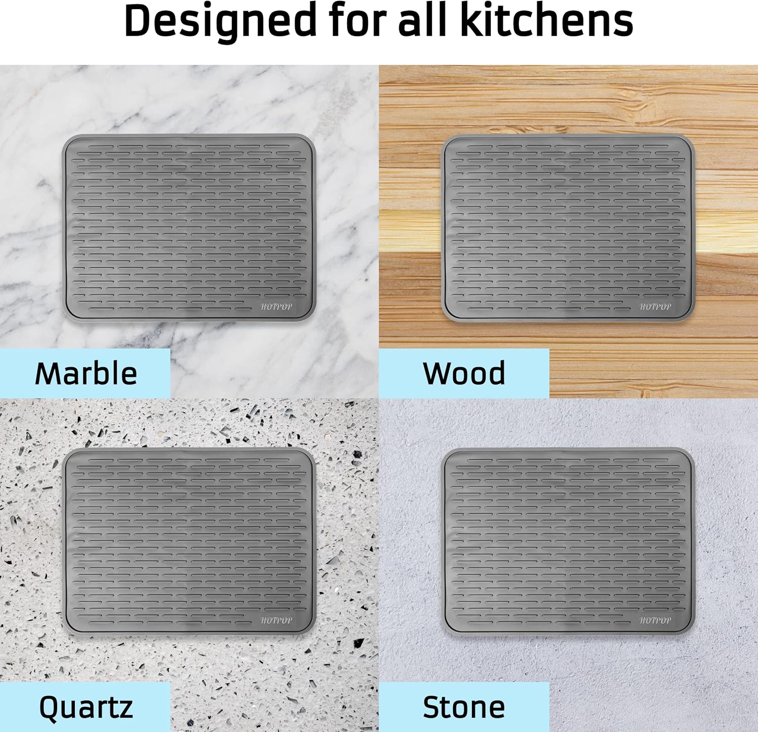 HOTPOP Tapete de secado de platos de silicona gris XXL de 24 x 18 pulgadas y salvamanteles grandes, apto para lavavajillas, resistente al calor,