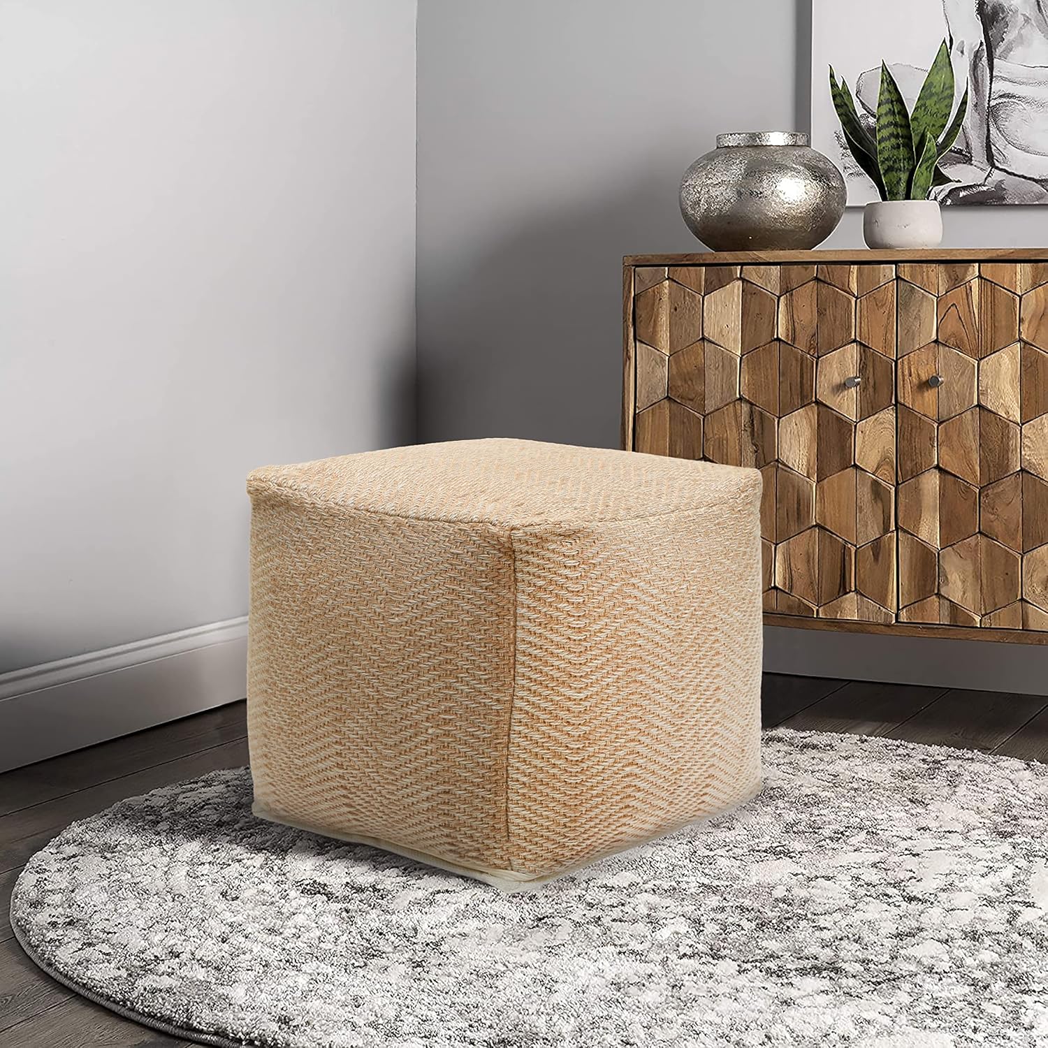Puf otomano tejido a mano para interiores y exteriores, reposapiés, cubierta de cremallera con relleno, silla de piso impresa, para sala de estar,