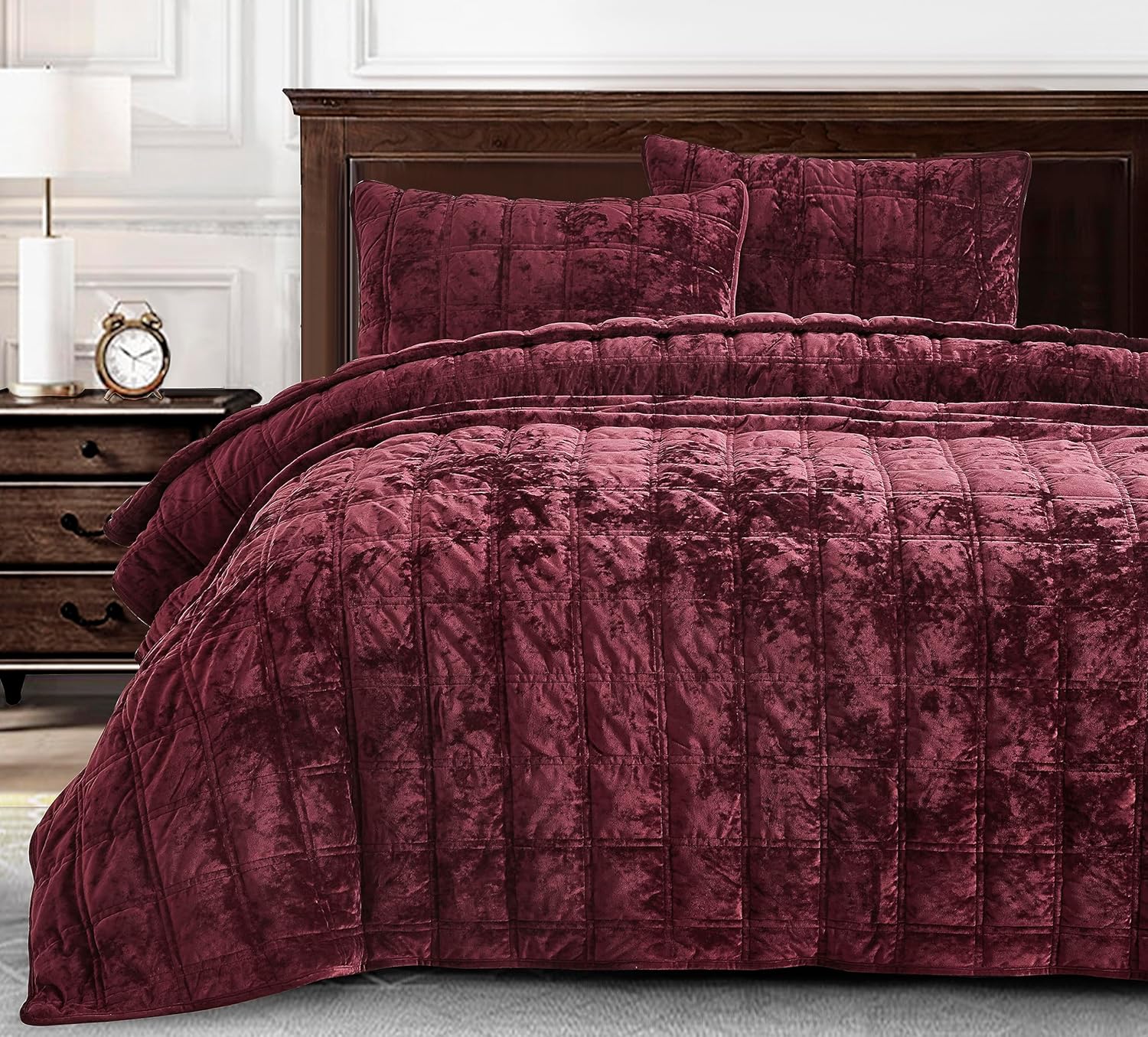 Chezmoi Collection Piers – Juego de edredón de terciopelo burdeos tamaño Queen, ropa de cama de terciopelo envejecido de 3 piezas para todas las
