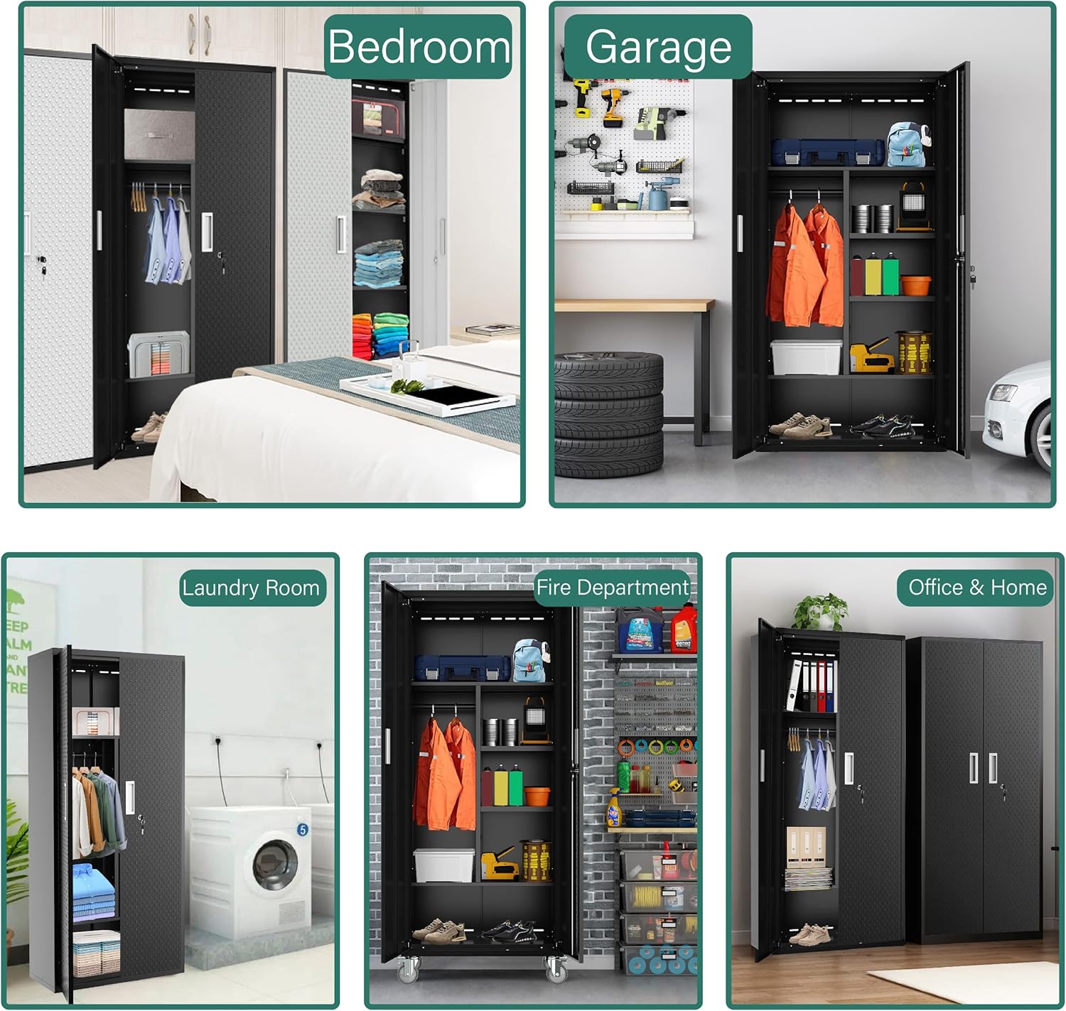 Metal Storage Cabinets Locker for Home Office, 71″ Garage Storage Cabinet with Lockable Door, Adjustable Shelves and Hanging Rod, Steel Wardrobe