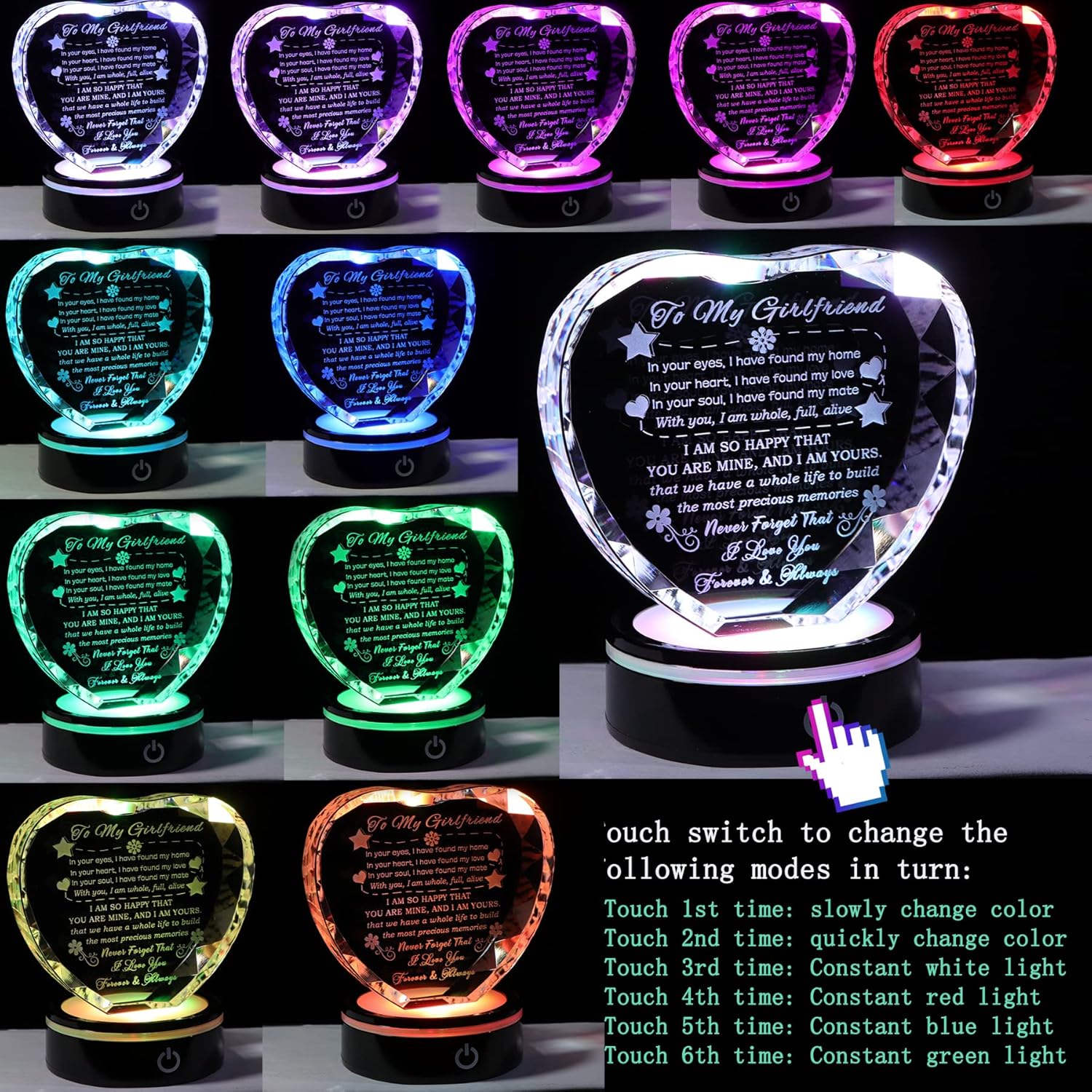 YWHL Regalos para novia, romántico para mi novia, recuerdo de corazón de cristal con base LED colorida para novia, regalos de cumpleaños,