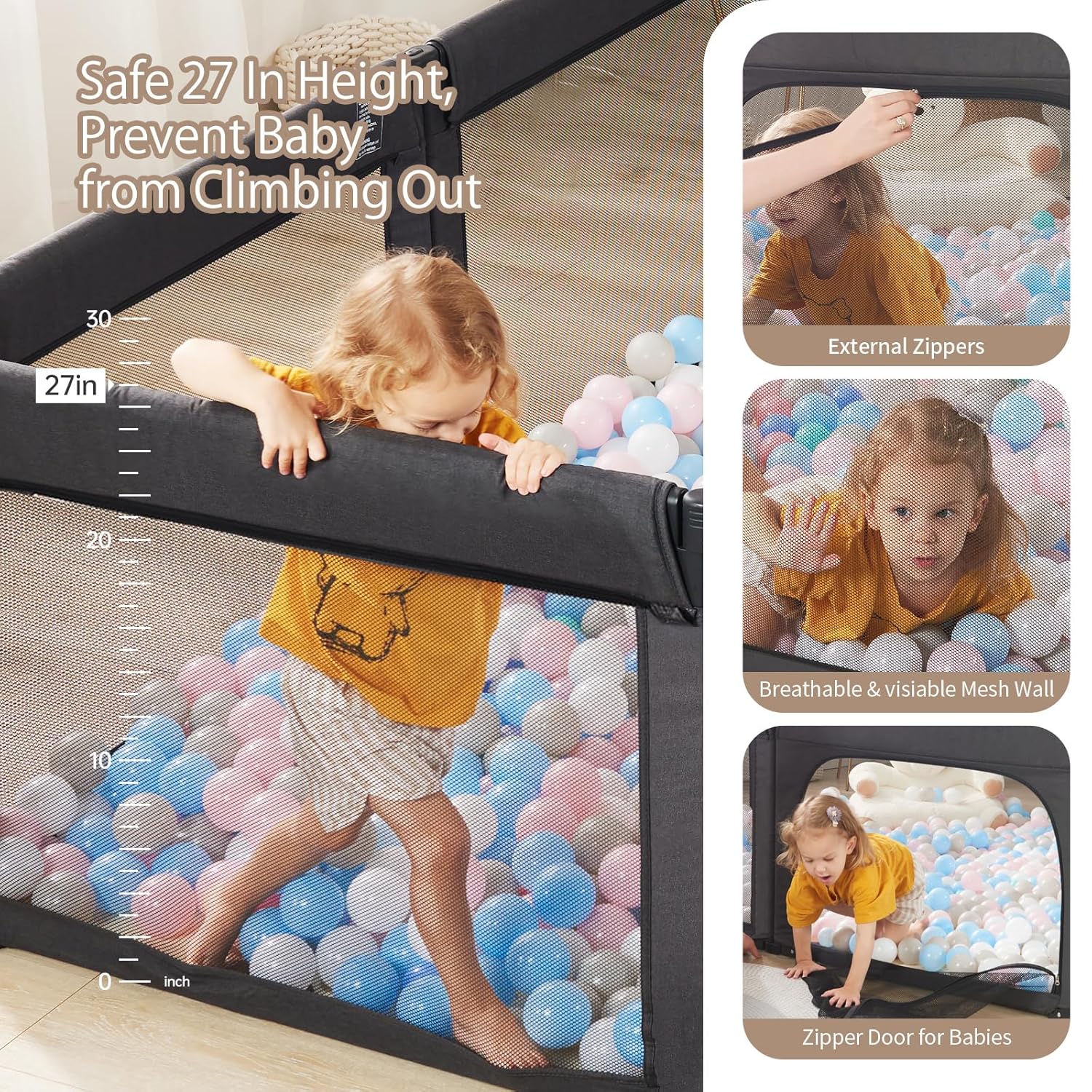 Corralito plegable y ajustable de forma y tamaño para niños pequeños, corralitos grandes de 79 x 71 pulgadas de malla de seguridad plegable para