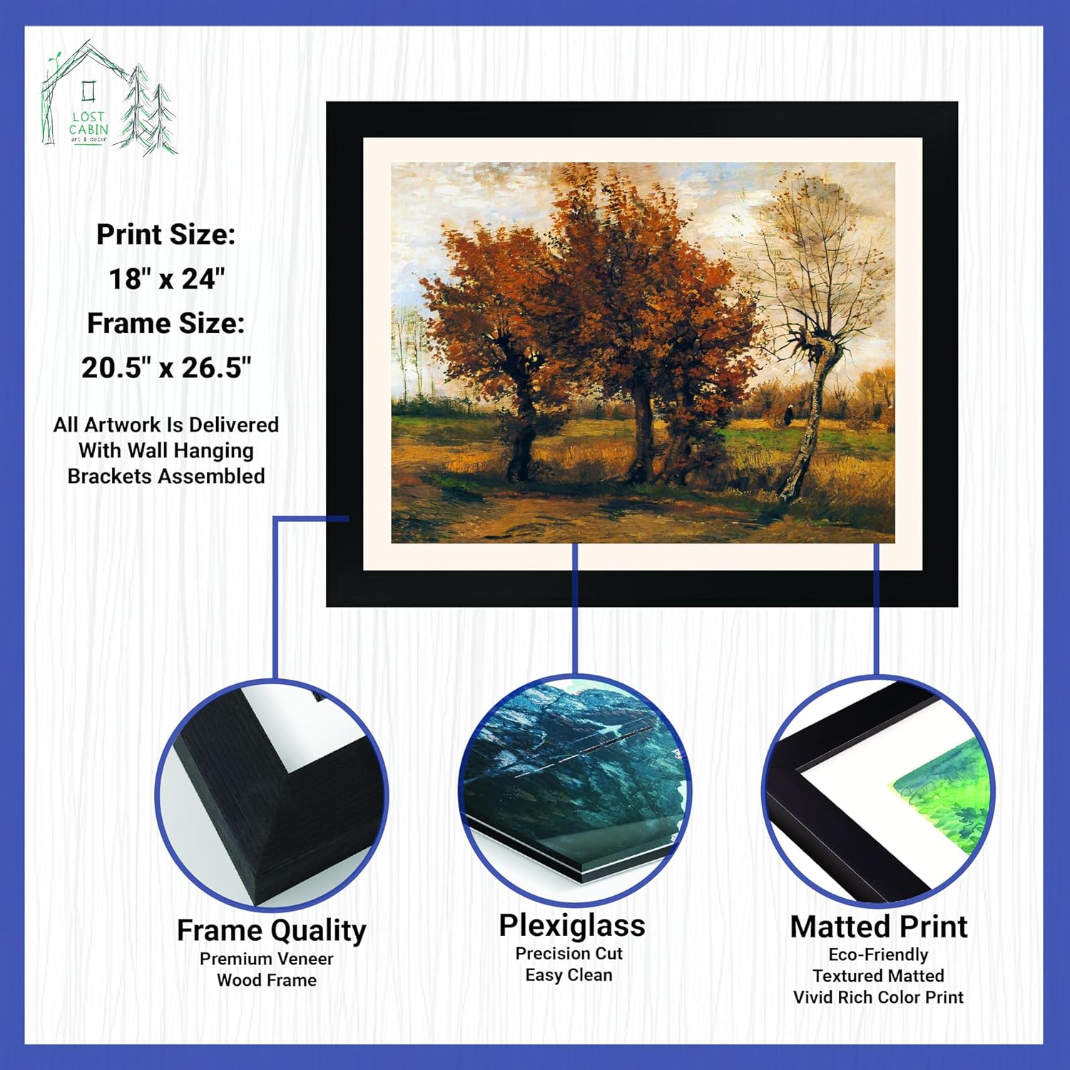 Paisaje otoñal de cabaña perdida con cuatro árboles de Vincent Van Gogh  Impresión enmarañada en marco plano negro  Reproducción de pinturas de