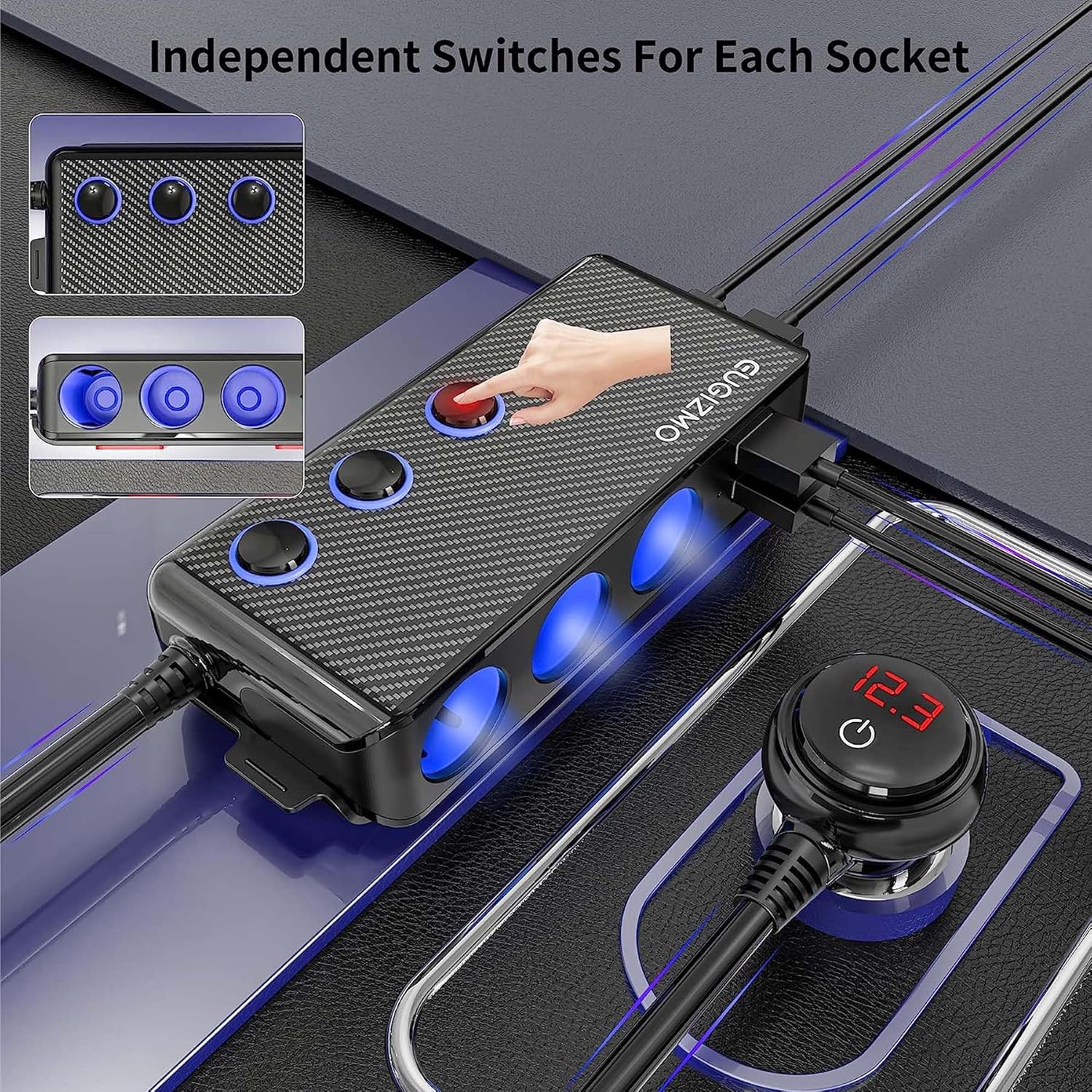 Divisor de enchufe para encendedor de cigarrillos, 3 zócalos de 200 W, adaptador de encendedor de cigarrillos USB, cable de extensión de cargador