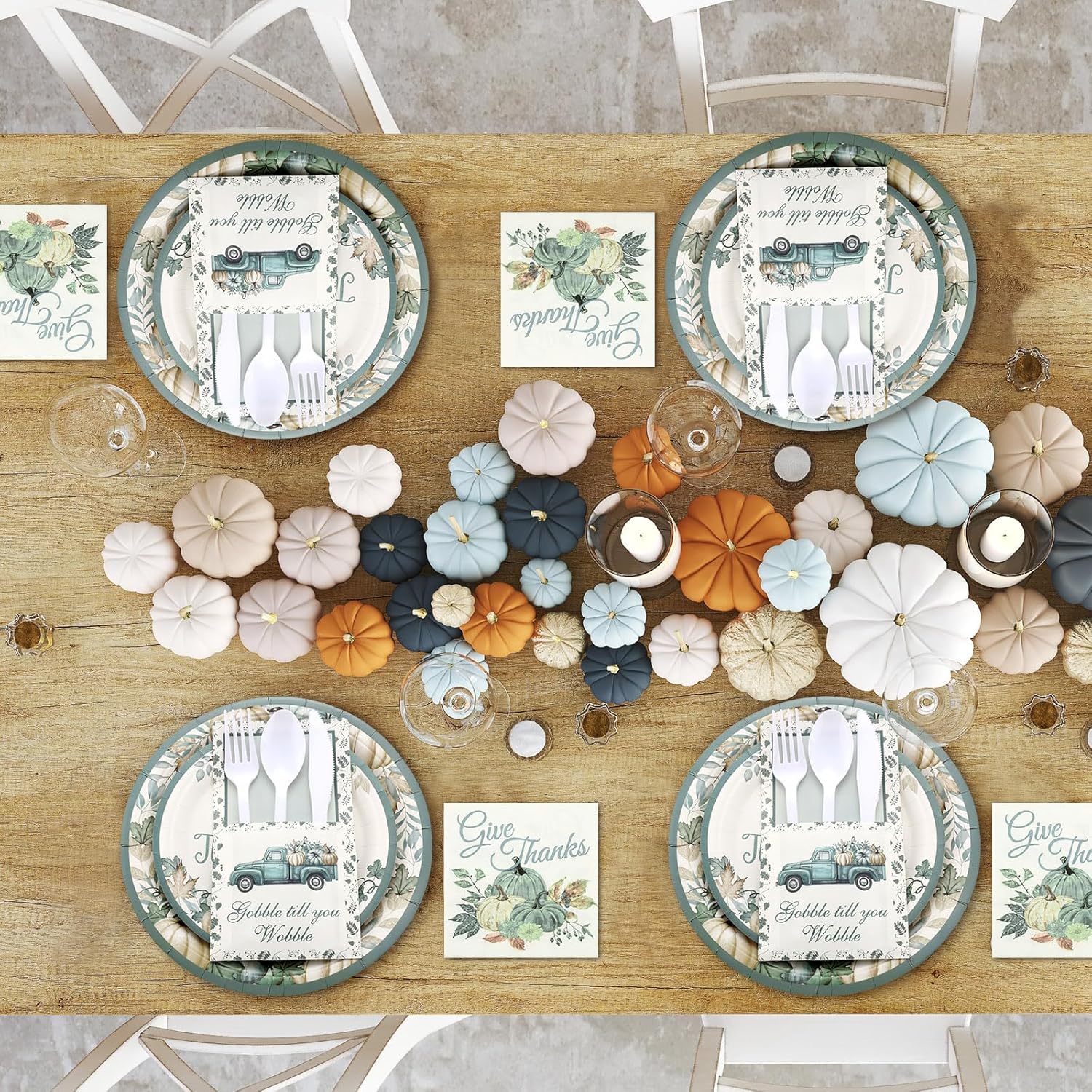Juego de 216 platos de Acción de Gracias, servilletas, cubiertos desechables, centros de mesa para mesa de Acción de Gracias, decoración para cena,