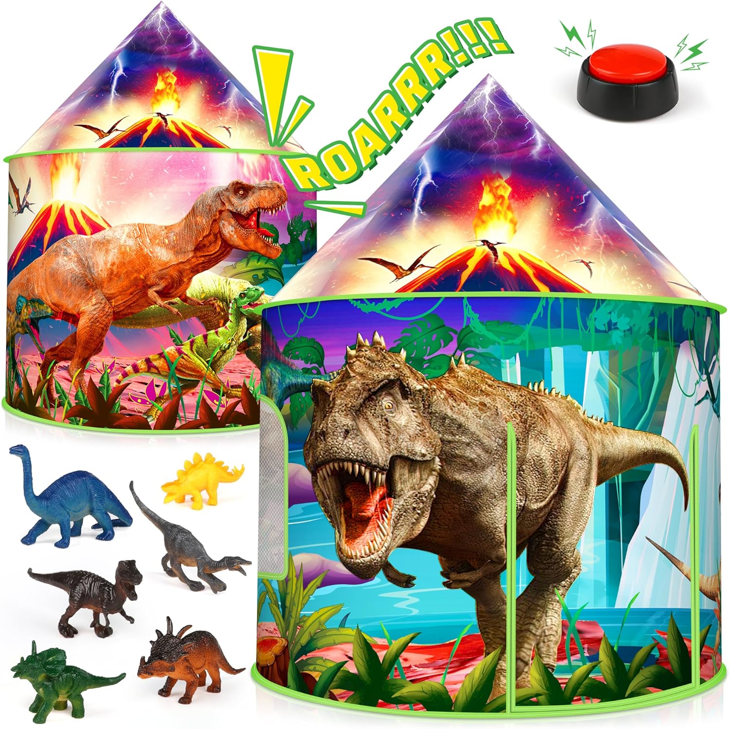 HopeRock Tienda de campaña de dinosaurio para niños con botón de rugido, tienda de campaña para niños con juguetes de dinosaurio para niños y niñas,