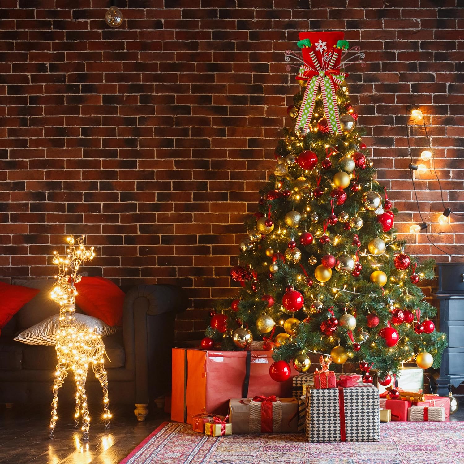 Sombrero para decoración del árbol de Navidad, patas de elfo, decoración de árbol de Navidad con lazo, adornos de árbol de Navidad para decoración