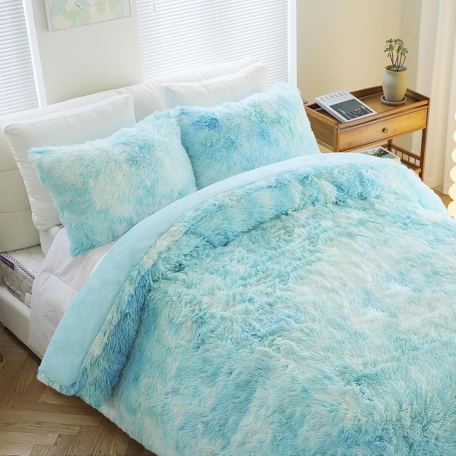 Syalife Juego de ropa de cama de felpa esponjosa, juego de edredón suave y lanudo tamaño Queen, juego de funda de edredón de pelo sintético teñido