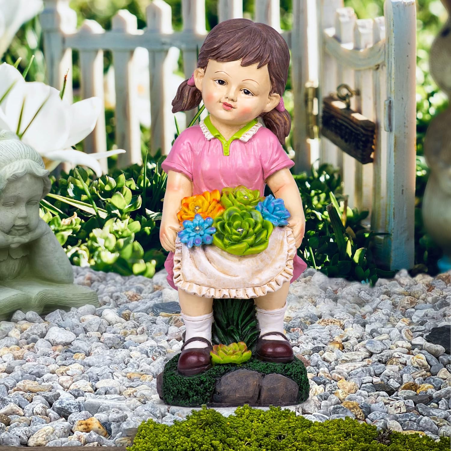 Ottsuls Estatua solar de jardín de niña, resina impermeable, escultura de hada para exteriores, con flores y 4 luces LED para patio, césped, porche,