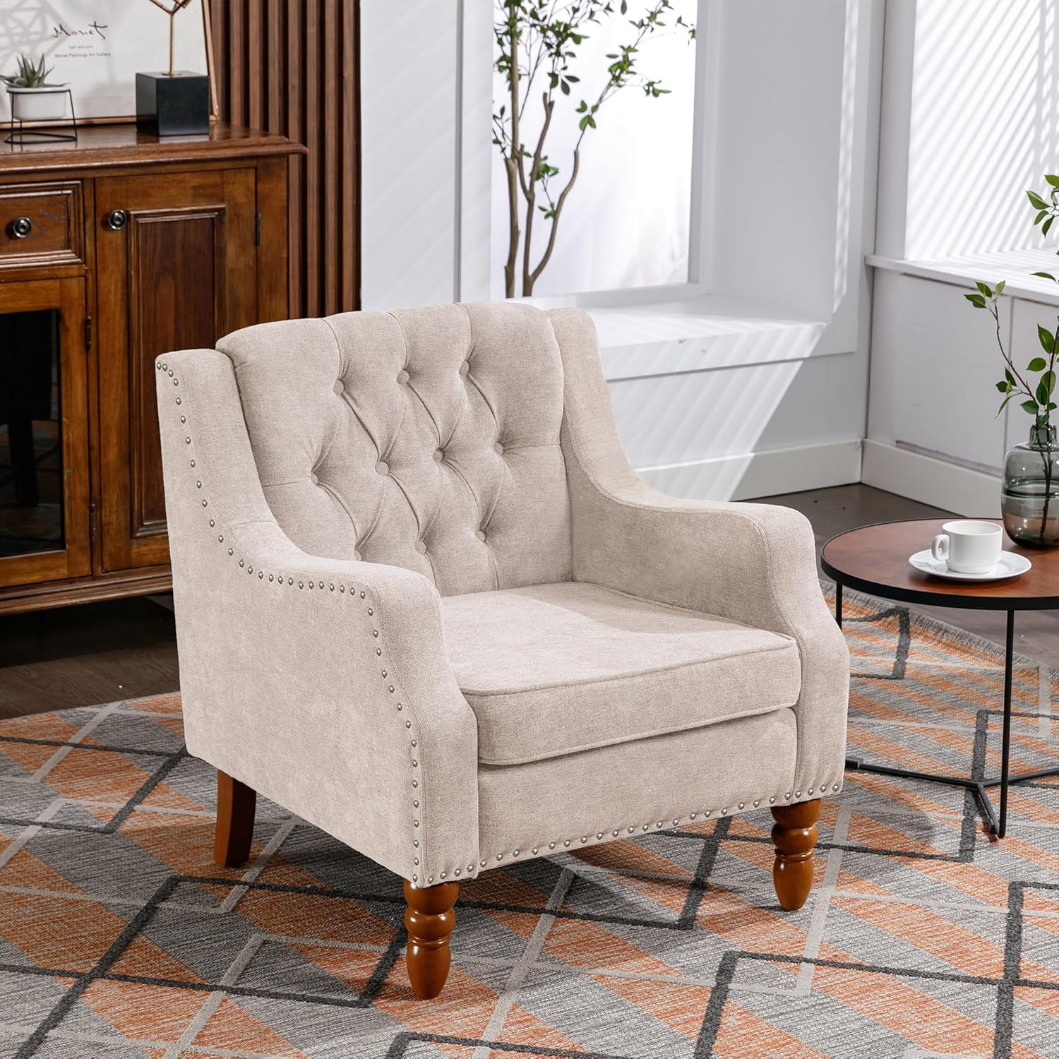 TTK Sillas decorativas de tela de lino, moderna de mediados de siglo, silla decorativa tapizada individual con respaldo, cómoda silla de lectura con