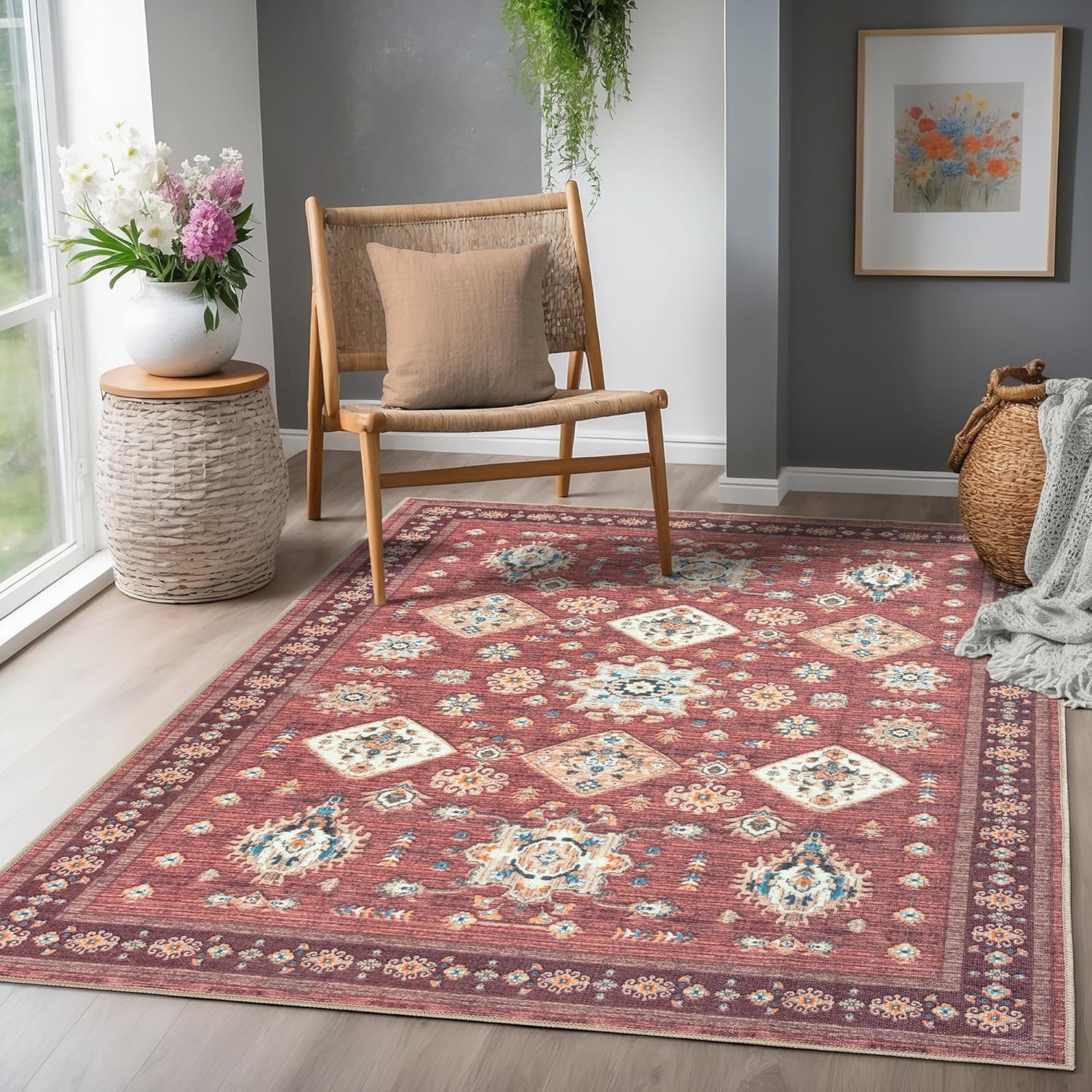 Adiva Rugs Alfombra de área lavable a máquina de 3 x 5 pies con parte trasera antideslizante para sala de estar, dormitorio, baño, cocina, alfombra