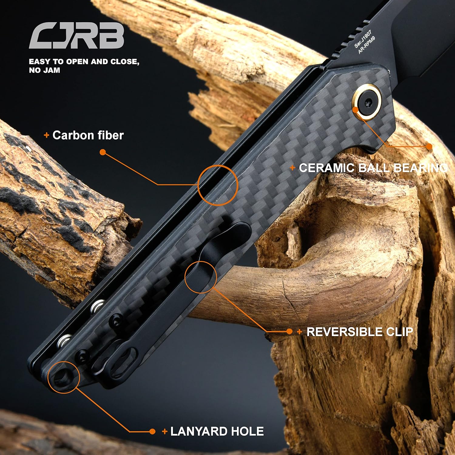 CJRB CUTLERY Cuchillo plegable Rampart (J1907-BCF) AR-RPM9 Acero en polvo Negro Hoja PVD Hoja de fibra de carbono Mango Cuchillo de bolsillo EDC