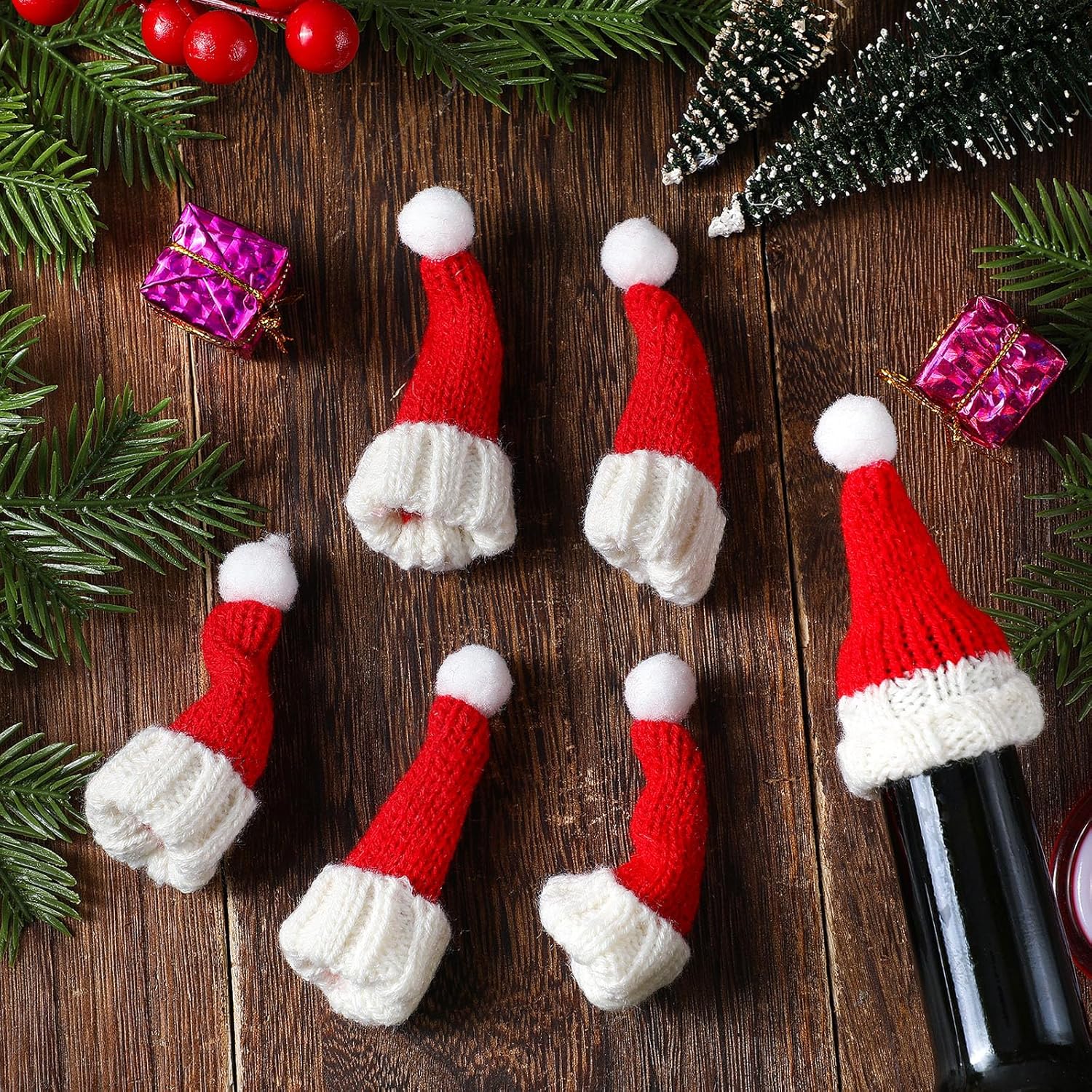 Bencailor Mini sombreros de Papá Noel para manualidades, pequeño sombrero de punto de Navidad, soporte para botella de vino, sombrero de muñeca de