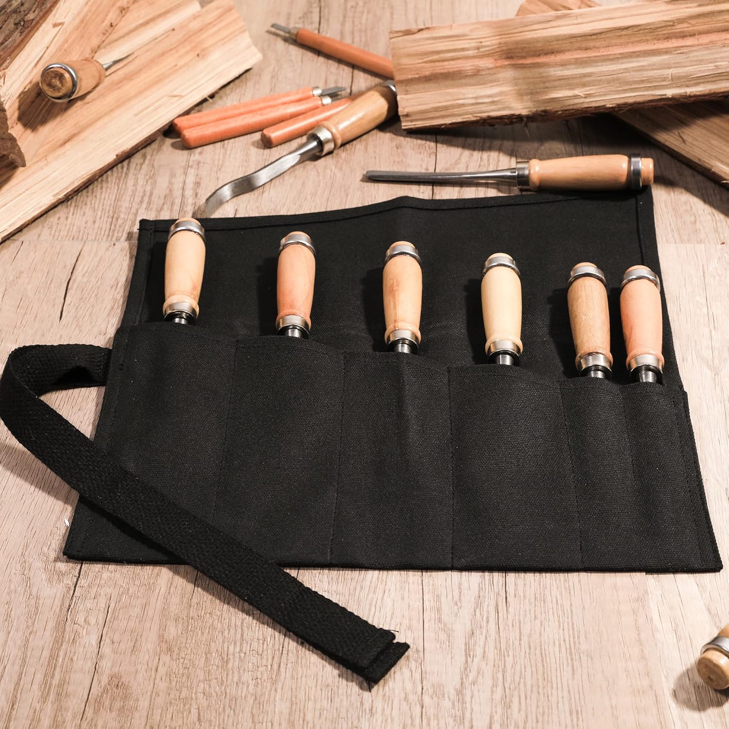 Rollo de herramientas de llave con 6 bolsillos, bolsa enrollable de lona encerada para cinceles, martillos, plantillas de pesca, cuchillo de