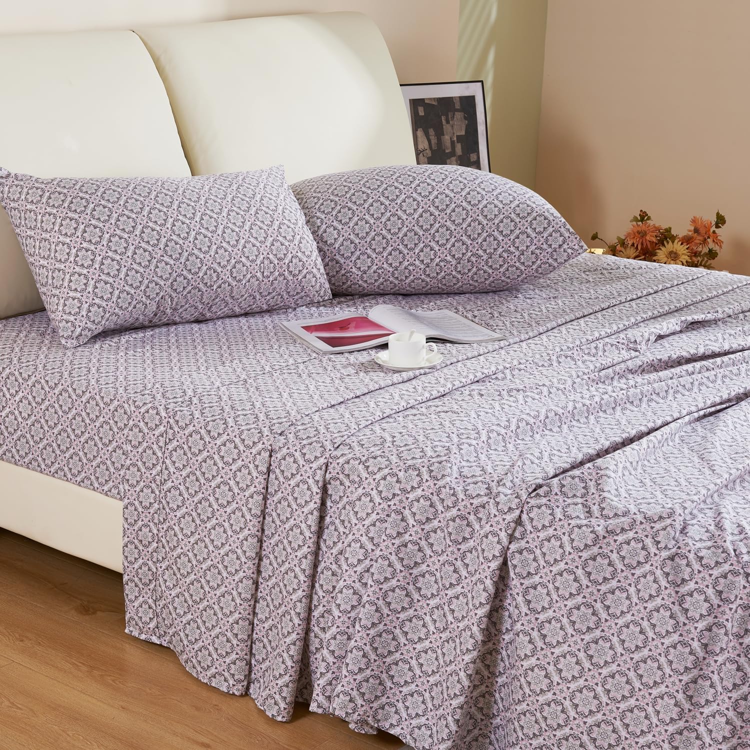 KACEMOO Juego de sábanas de 3 piezas con estampado beige bohemio, sábanas de microfibra de bolsillo profundo, lujosas, suaves, transpirables,