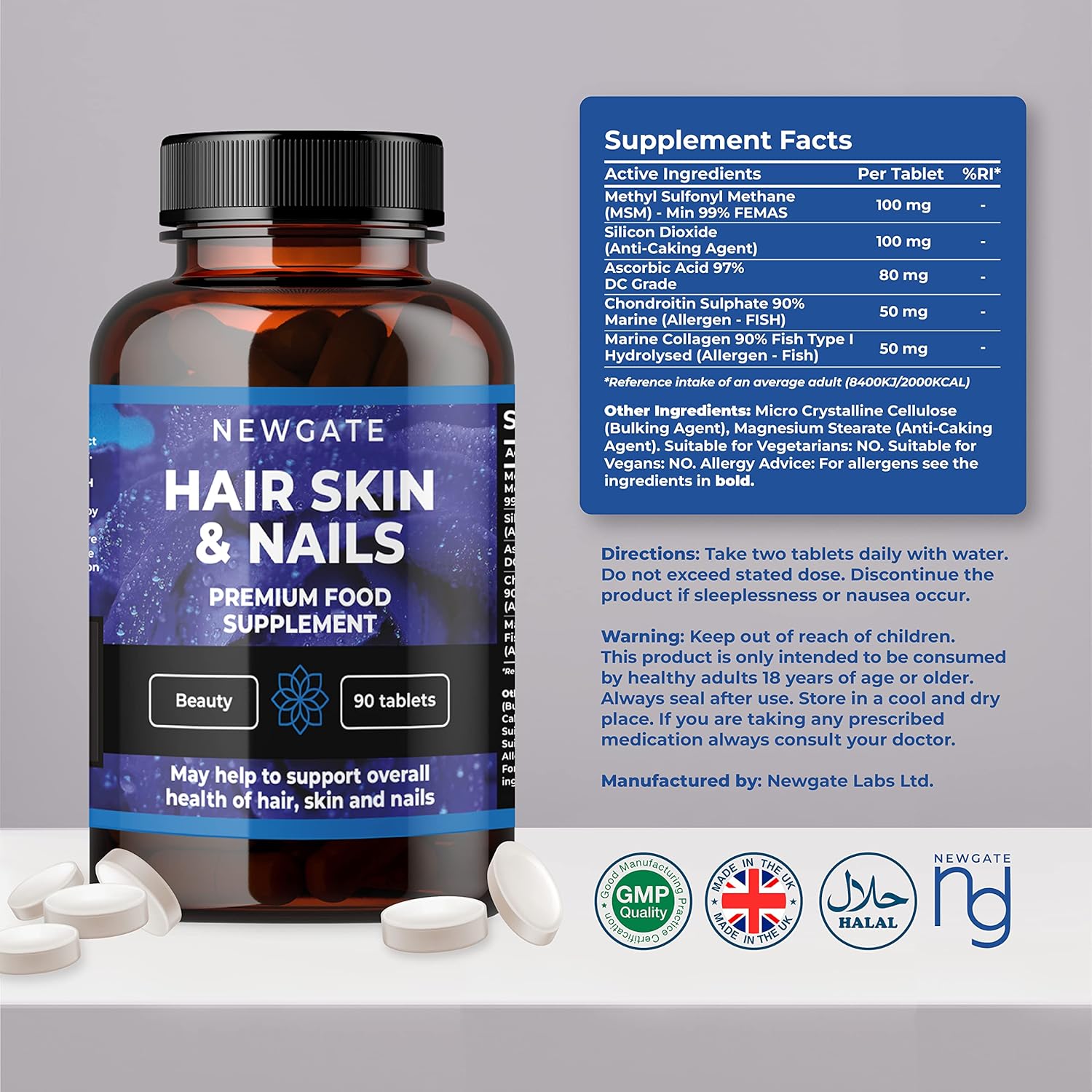 Newgate Labs 90 tabletas de alta resistencia para el crecimiento del cabello, la piel y las uñas, suplemento premium para hombres y mujeres, con