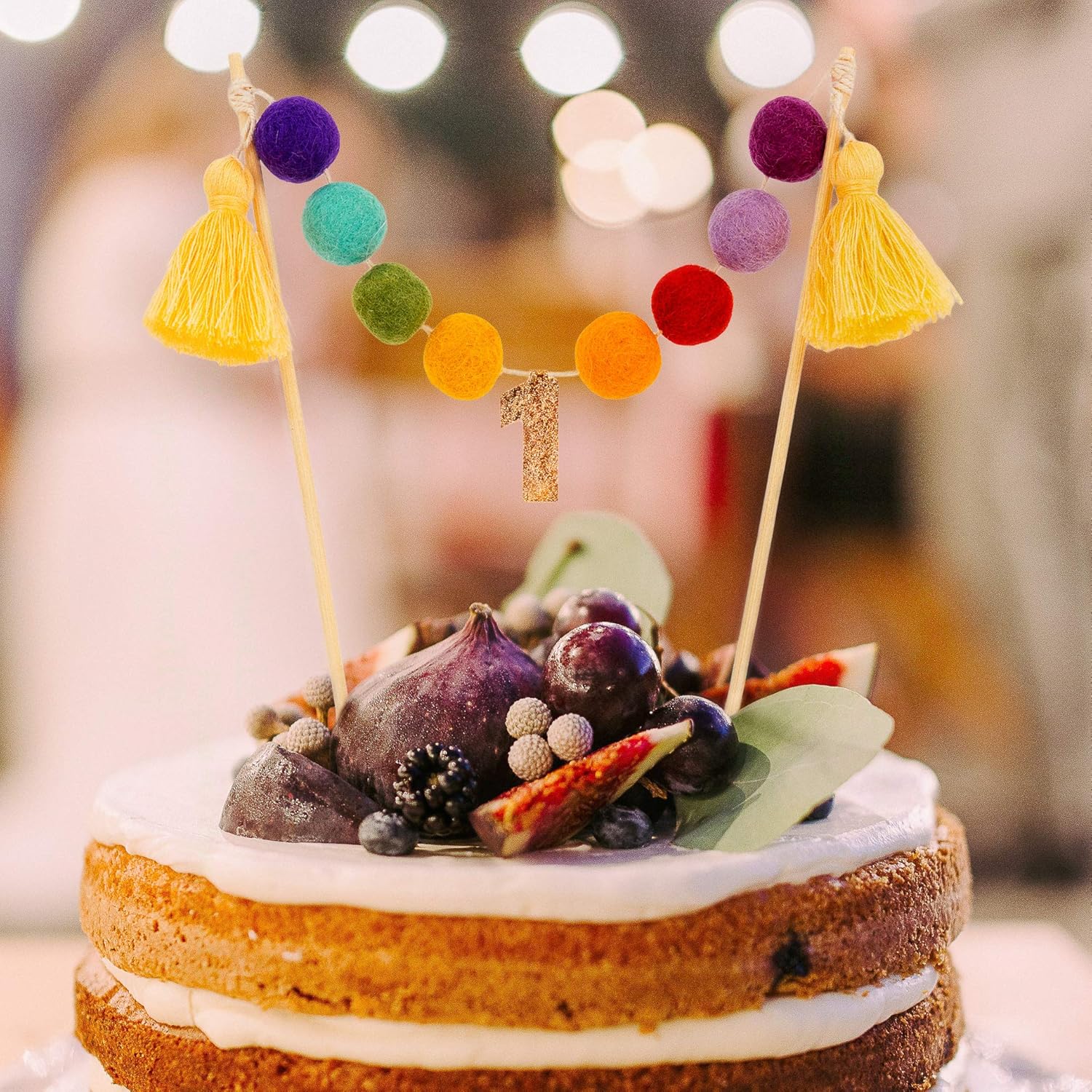 Decoración de pastel de cumpleaños con pompones de arcoíris con números de edad personalizables, decoración de fiesta preencordada hecha a mano de